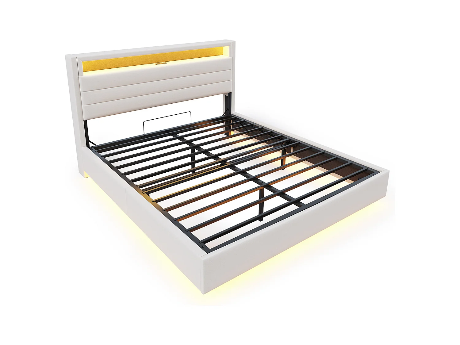 Lit coffre double 140x200 cm en lin beige - Lit flottant hydraulique avec USB,LED(sans matelas)