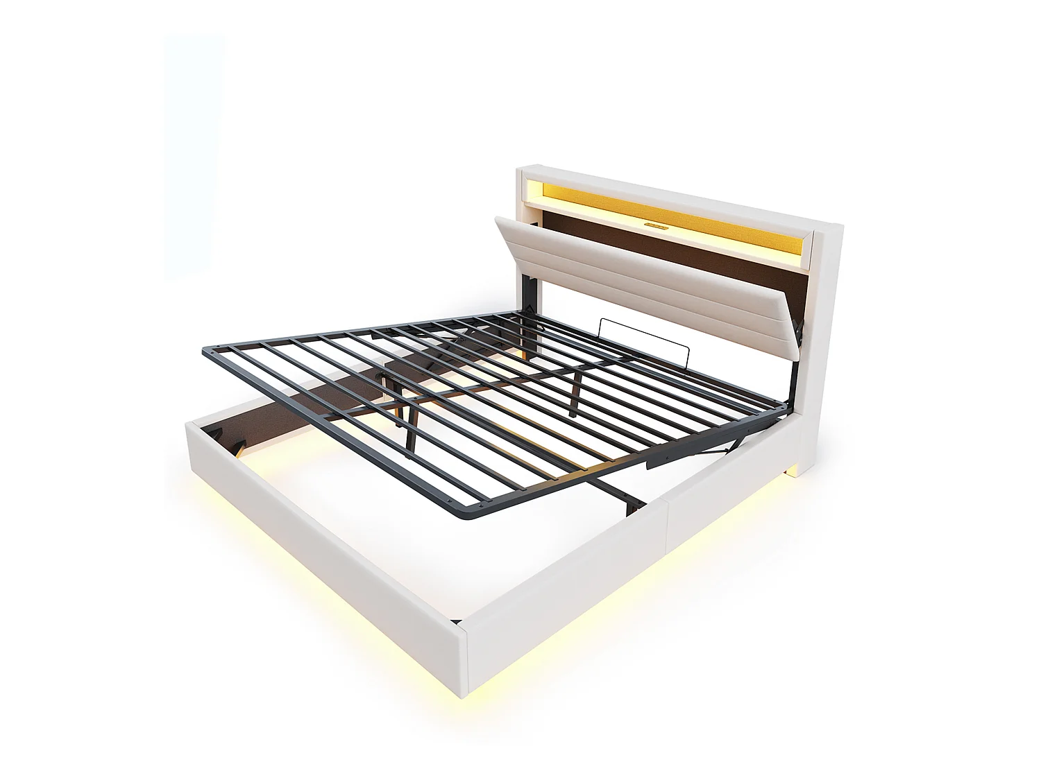 Lit coffre double 140x200 cm en lin beige - Lit flottant hydraulique avec USB,LED(sans matelas)