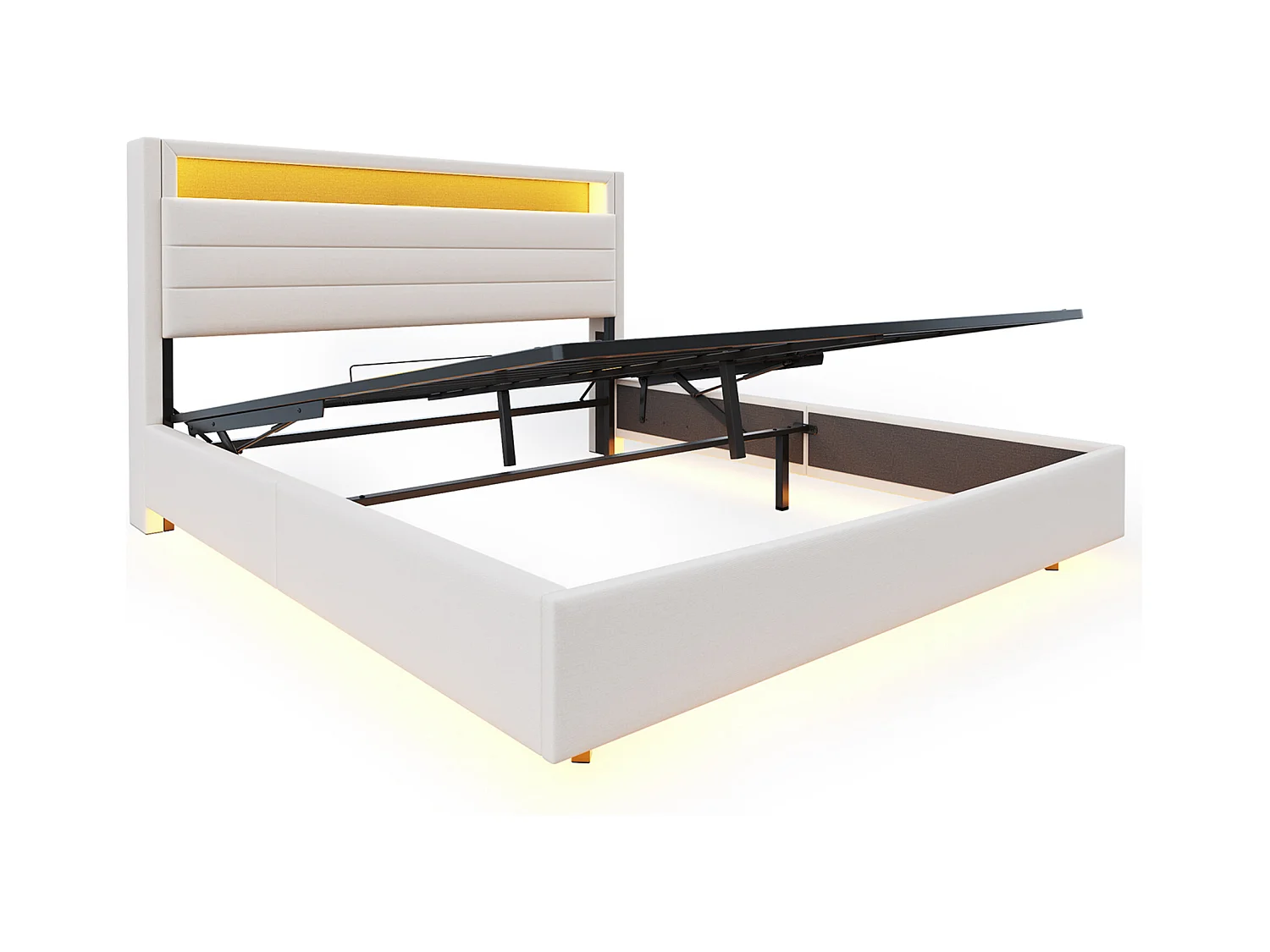 Lit coffre double 140x200 cm en lin beige - Lit flottant hydraulique avec USB,LED(sans matelas)