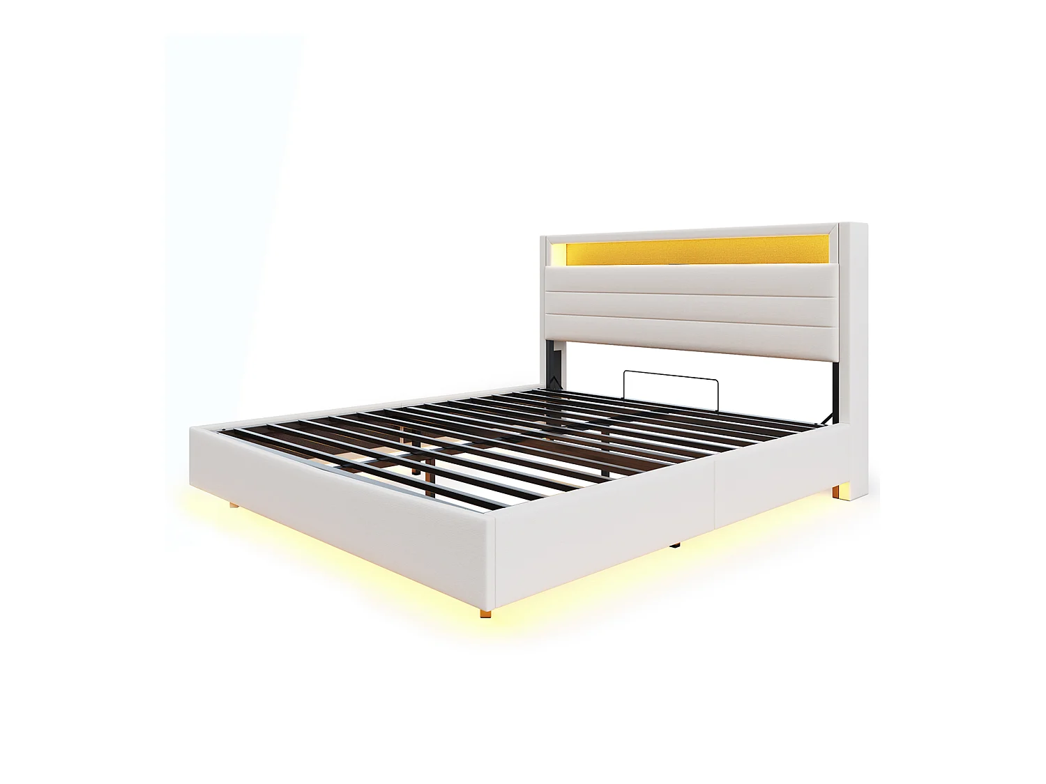 Lit coffre double 140x200 cm en lin beige - Lit flottant hydraulique avec USB,LED(sans matelas)