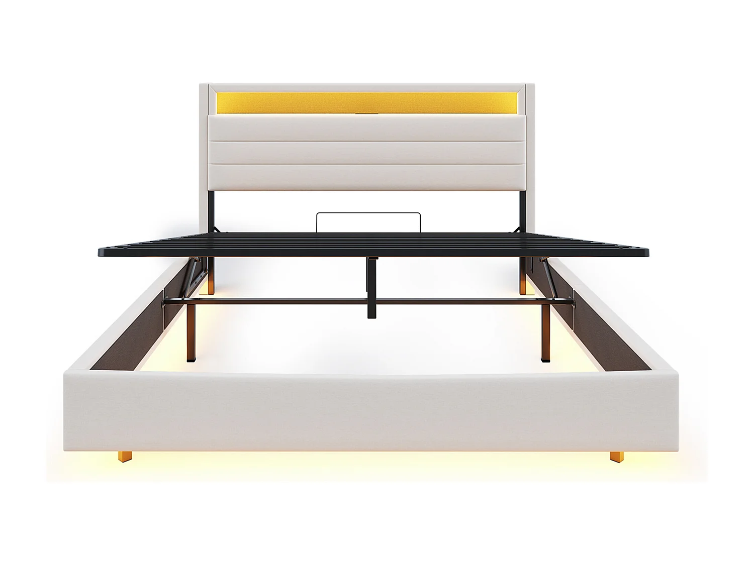 Opbergbed dubbel 140x200 cm in beige linnen - Hydraulisch zwevend bed met USB, LED (zonder matras)