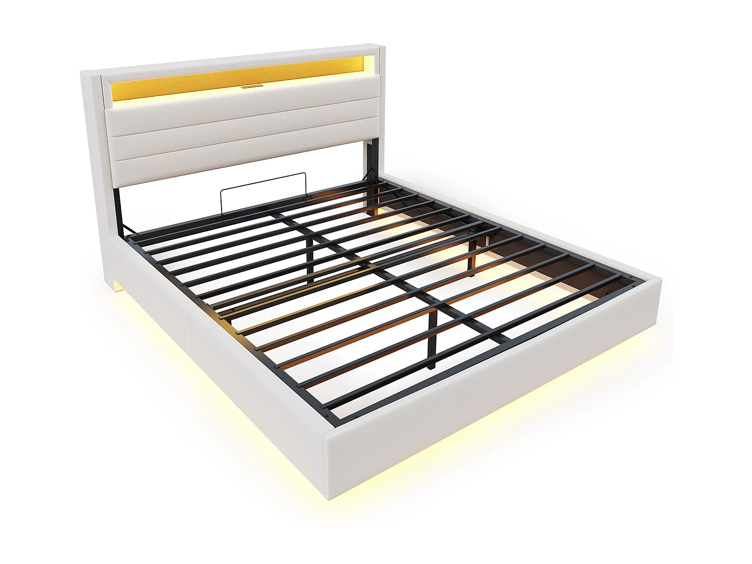 Opbergbed dubbel 140x200 cm in beige linnen - Hydraulisch zwevend bed met USB, LED (zonder matras)