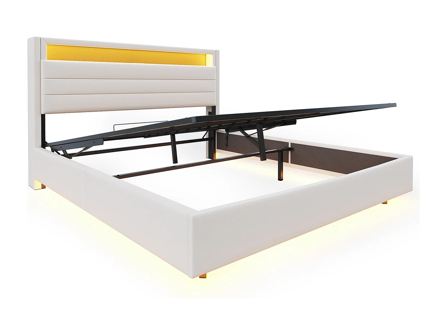 Opbergbed dubbel 140x200 cm in beige linnen - Hydraulisch zwevend bed met USB, LED (zonder matras)