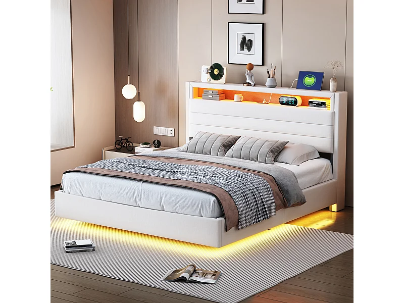 Opbergbed dubbel 140x200 cm in beige linnen - Hydraulisch zwevend bed met USB, LED (zonder matras)