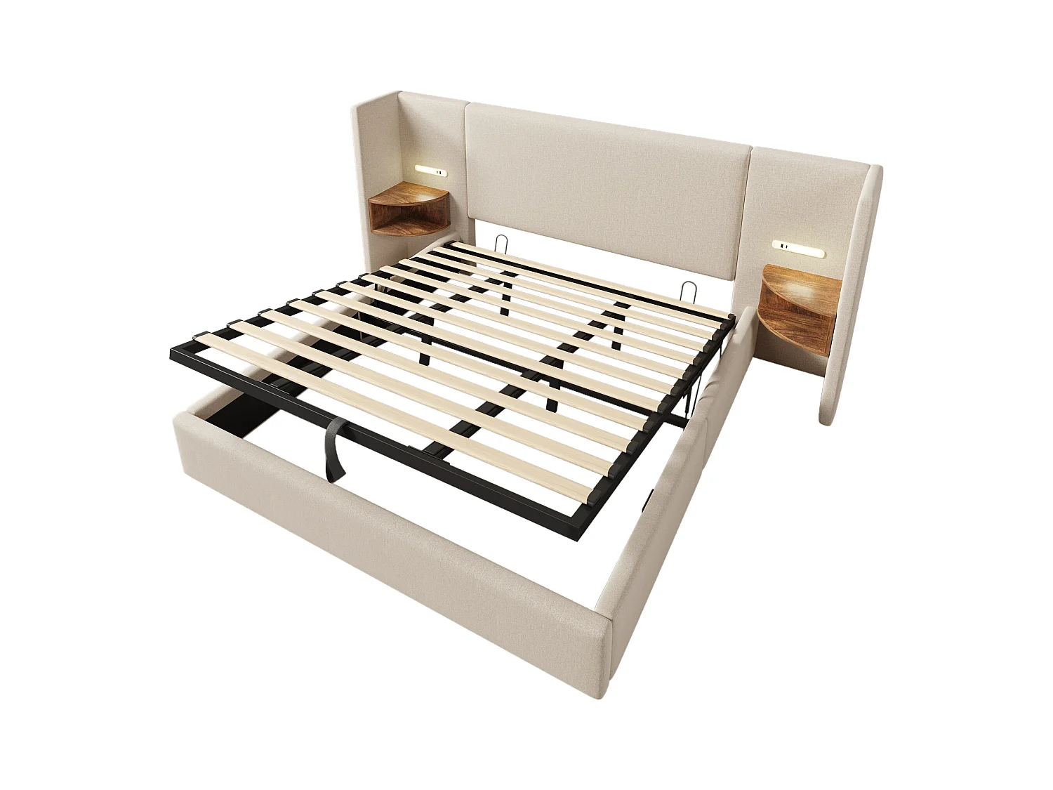 Lit coffre double 180x200 cm - Avec compartiments de rangement, lampe de lecture et USB Type-C - Lin beige (sans matelas)