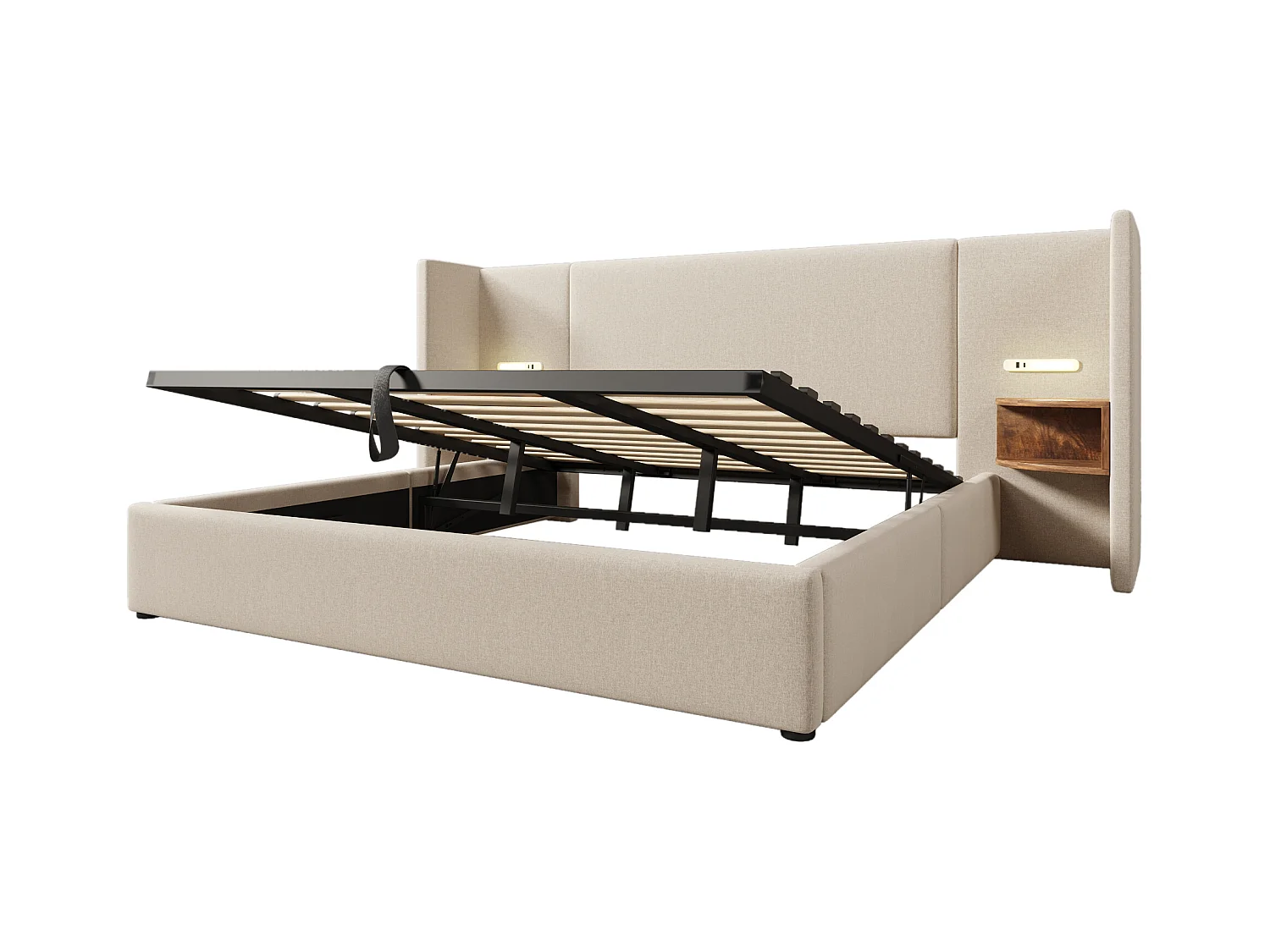 Lit coffre double 180x200 cm - Avec compartiments de rangement, lampe de lecture et USB Type-C - Lin beige (sans matelas)