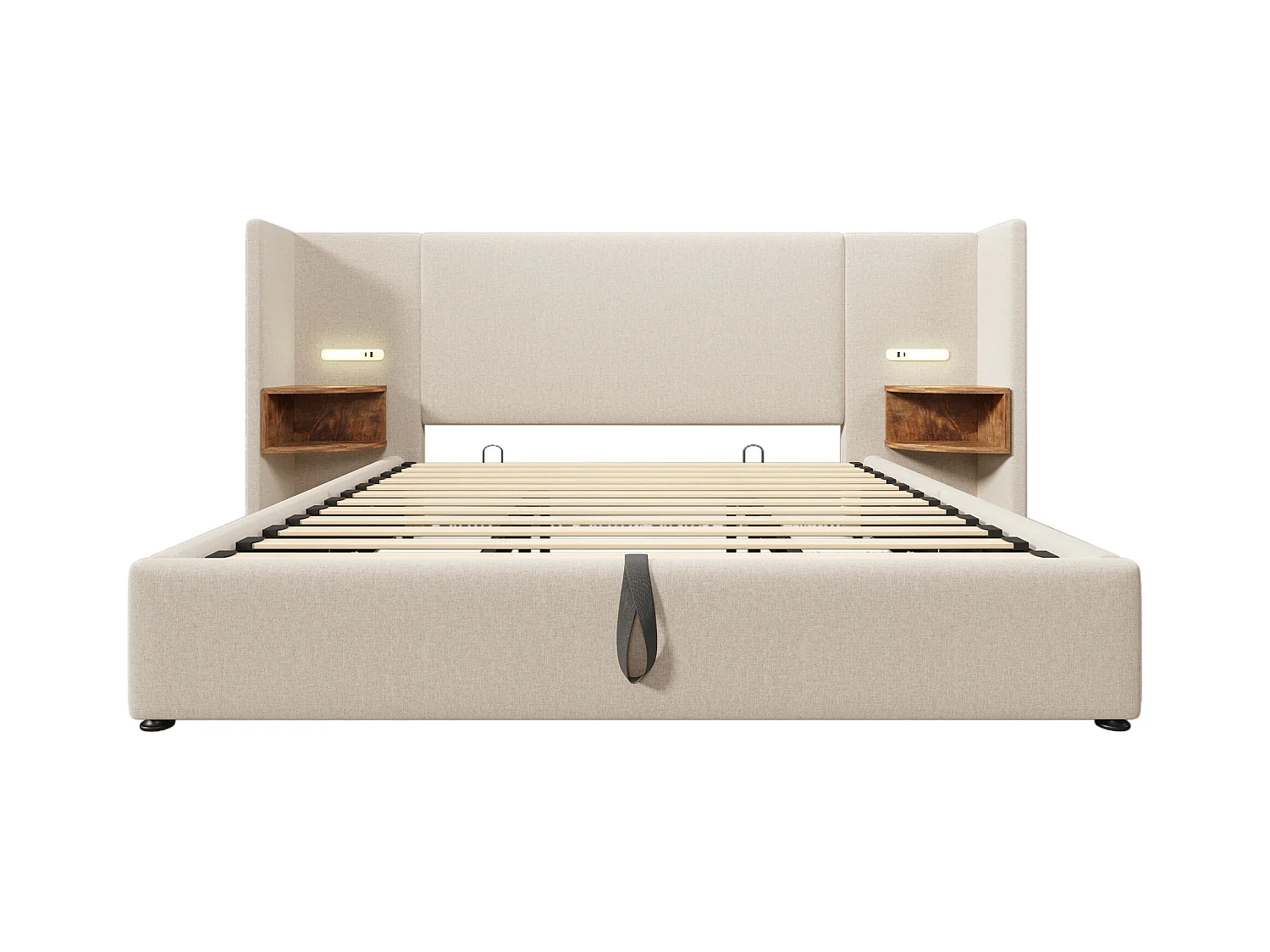 Lit coffre double 180x200 cm - Avec compartiments de rangement, lampe de lecture et USB Type-C - Lin beige (sans matelas)