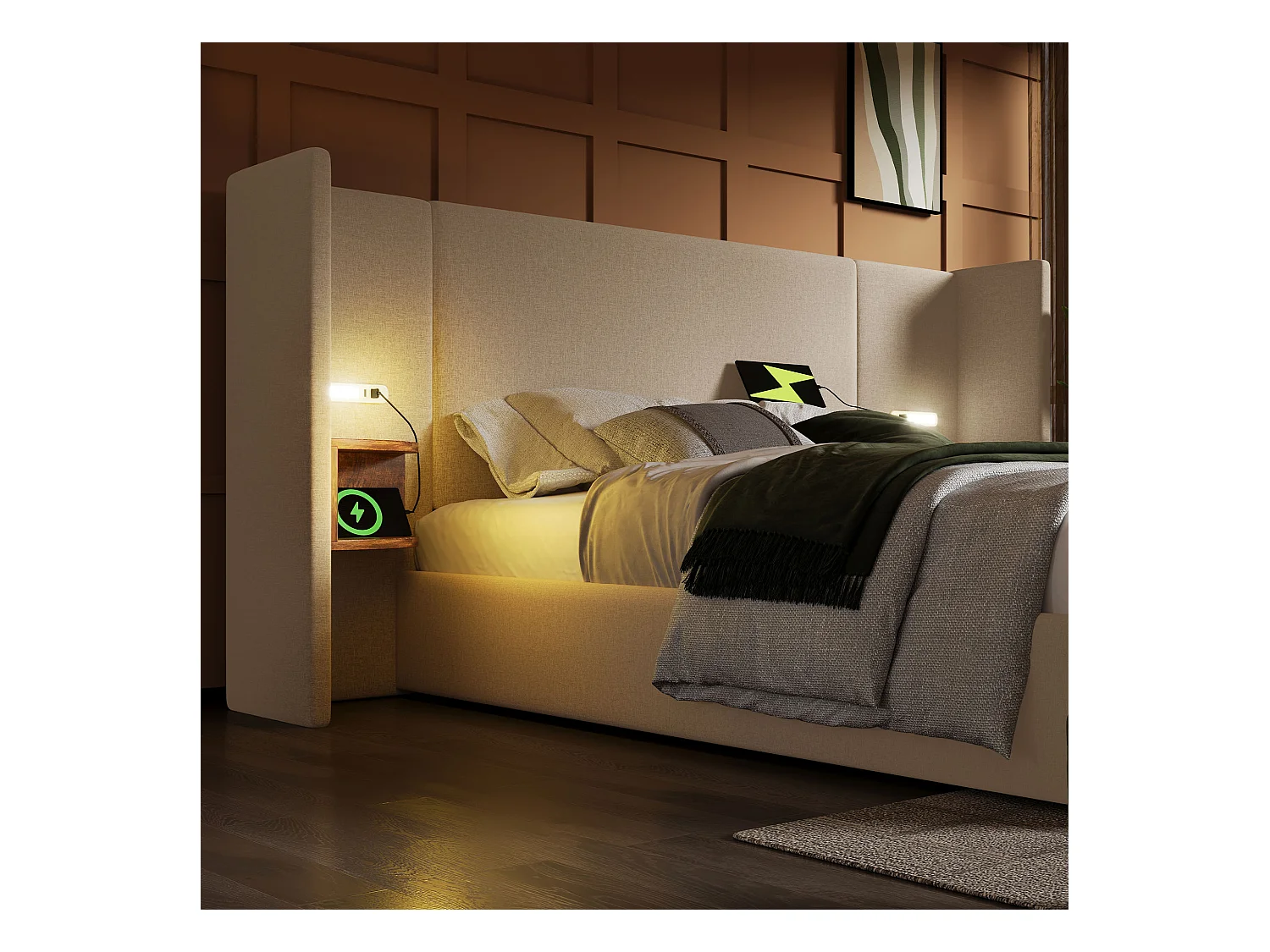 Lit coffre double 180x200 cm - Avec compartiments de rangement, lampe de lecture et USB Type-C - Lin beige (sans matelas)