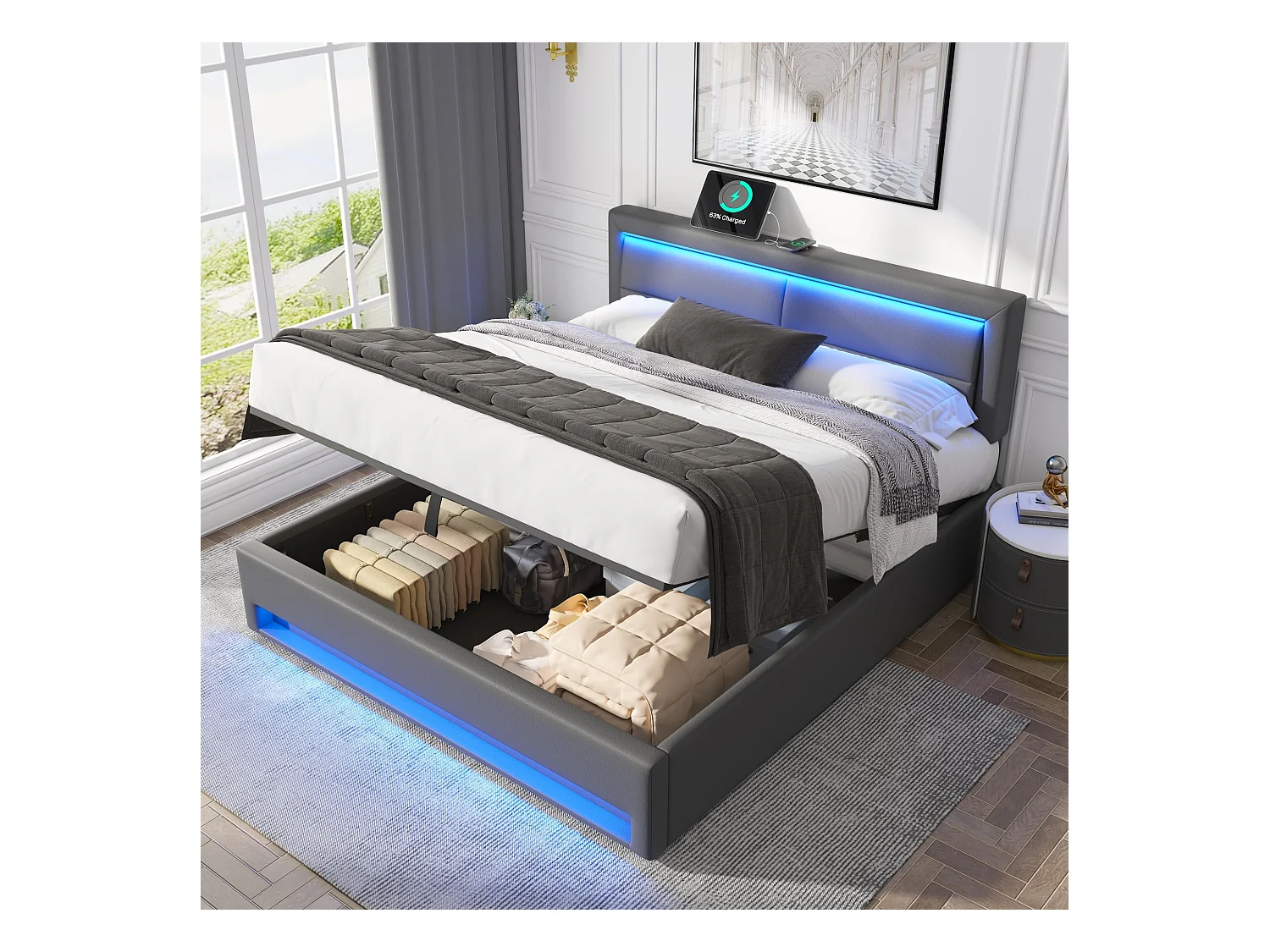 Lit coffre adulte 140x190 cm - LED et charge USB sans fil - Gris (sans matelas)