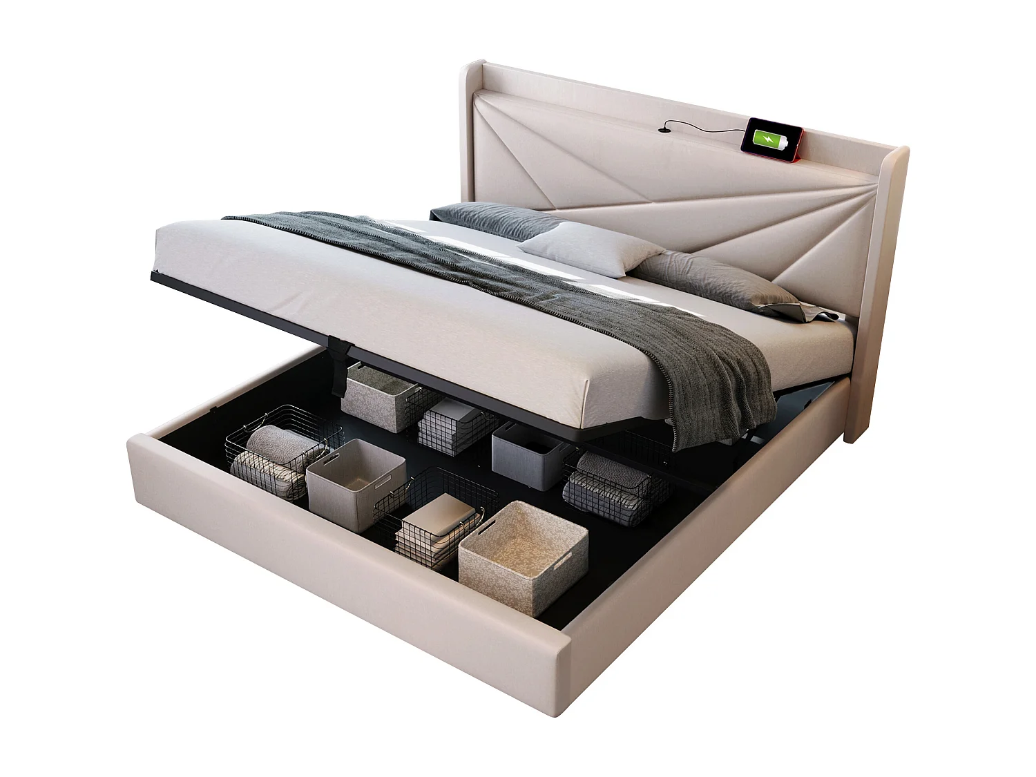 Lit coffre adulte 140x200 cm, tête de lit USB-C, sommier à lattes, sans matelas