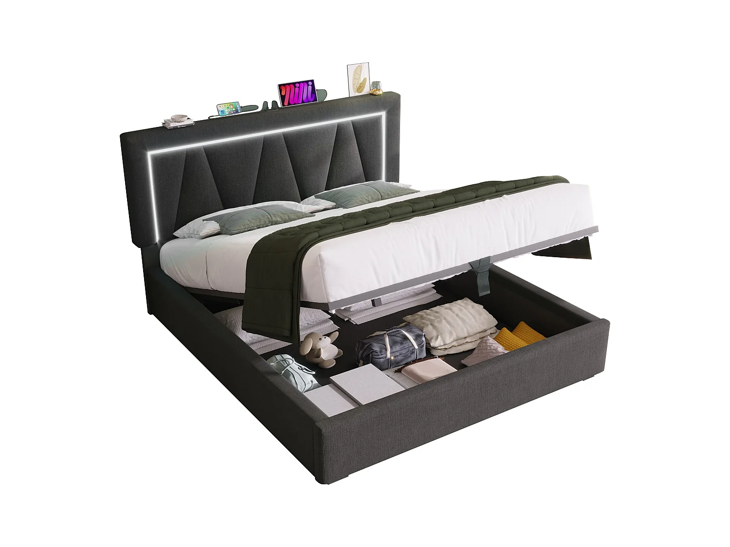 Lit coffre adulte 140x200 cm avec LED et charge USB Type-C - Sommier inclus - En lin beige(sans matelas)