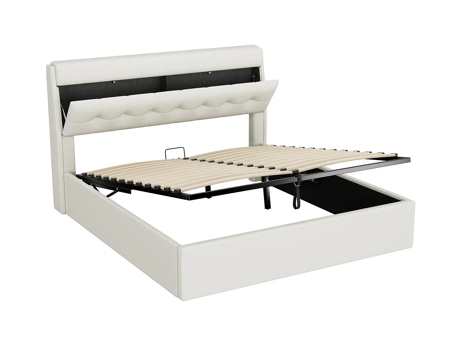 Letto contenitore matrimoniale 160x200 cm, con rete a doghe e testiera - PU bianco (senza materasso)