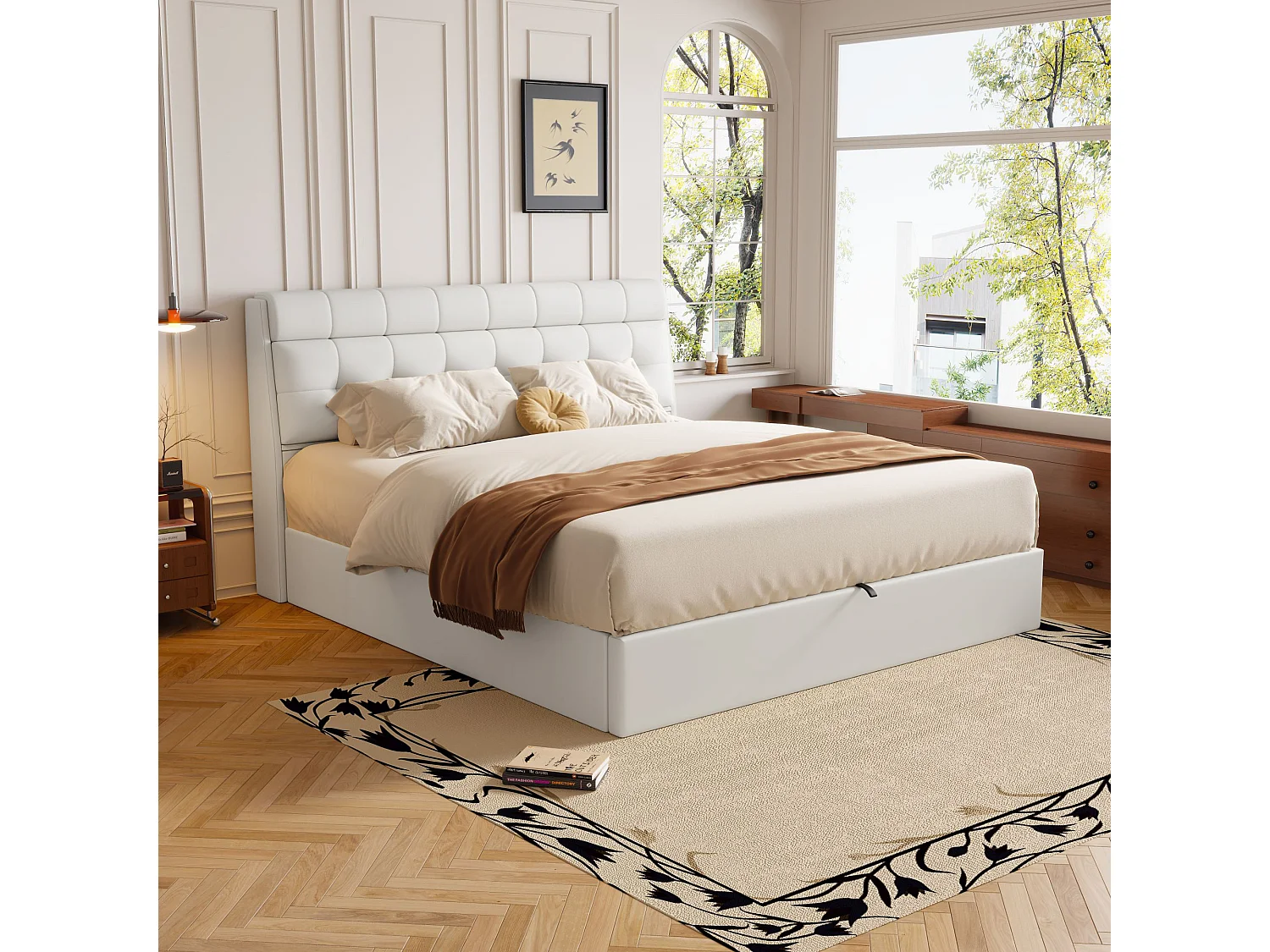 Lit coffre adulte 160x200 cm, avec sommier à lattes et tête de lit de rangement - PU Blanc (sans matelas)