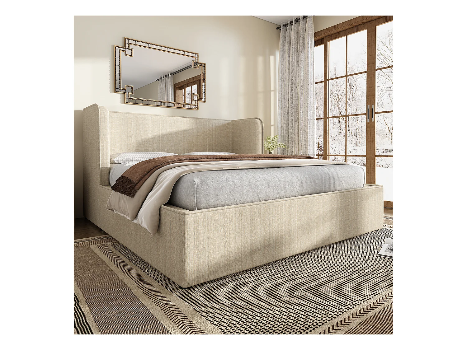 Letto matrimoniale contenitore 160x200 cm, braccioli larghi e sfoderabile, rivestimento in lino beige (senza materasso)