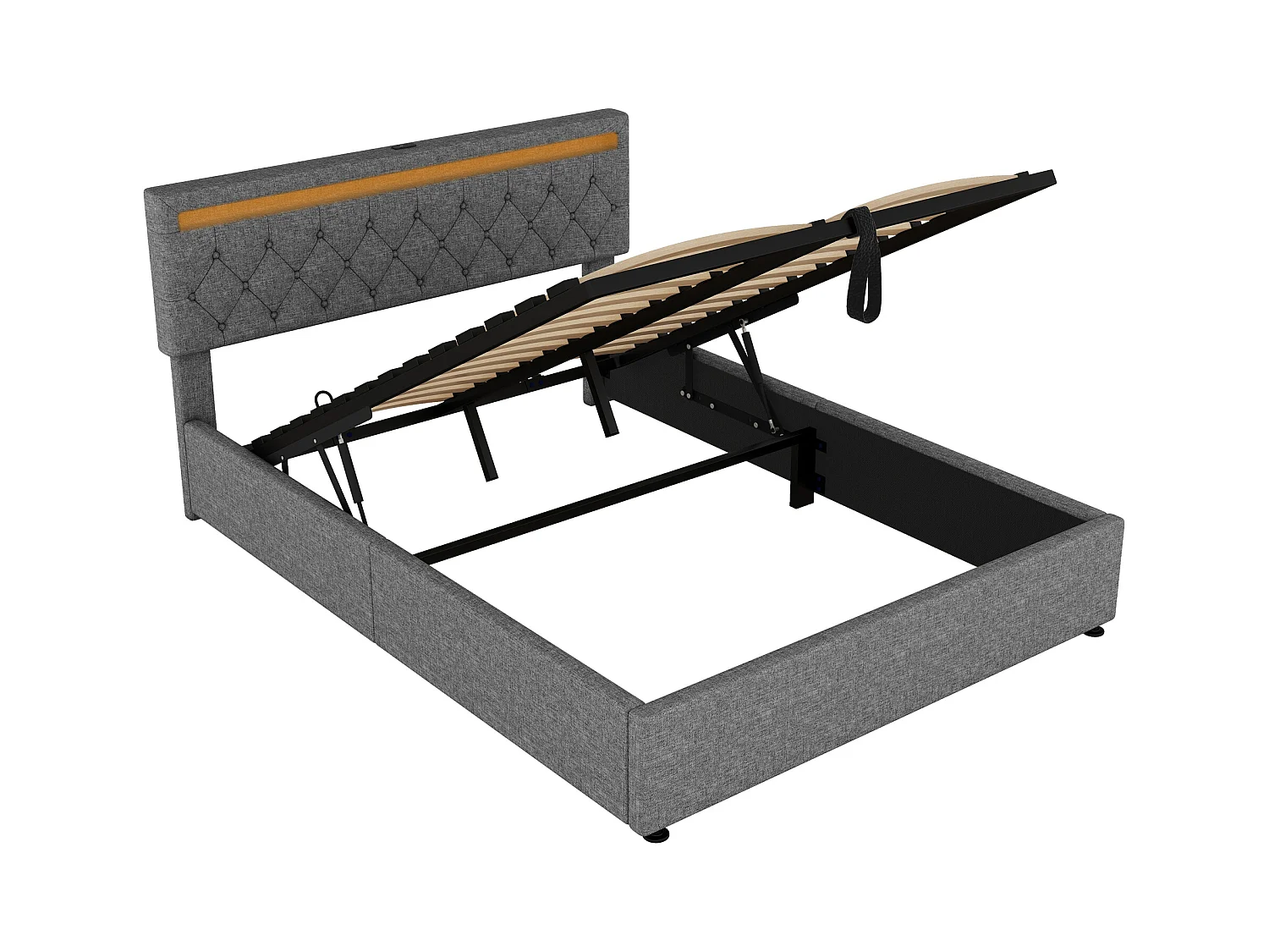 Cama doble con baúl 160x200 cm con luz ambiental y USB - lino gris (sin colchón)