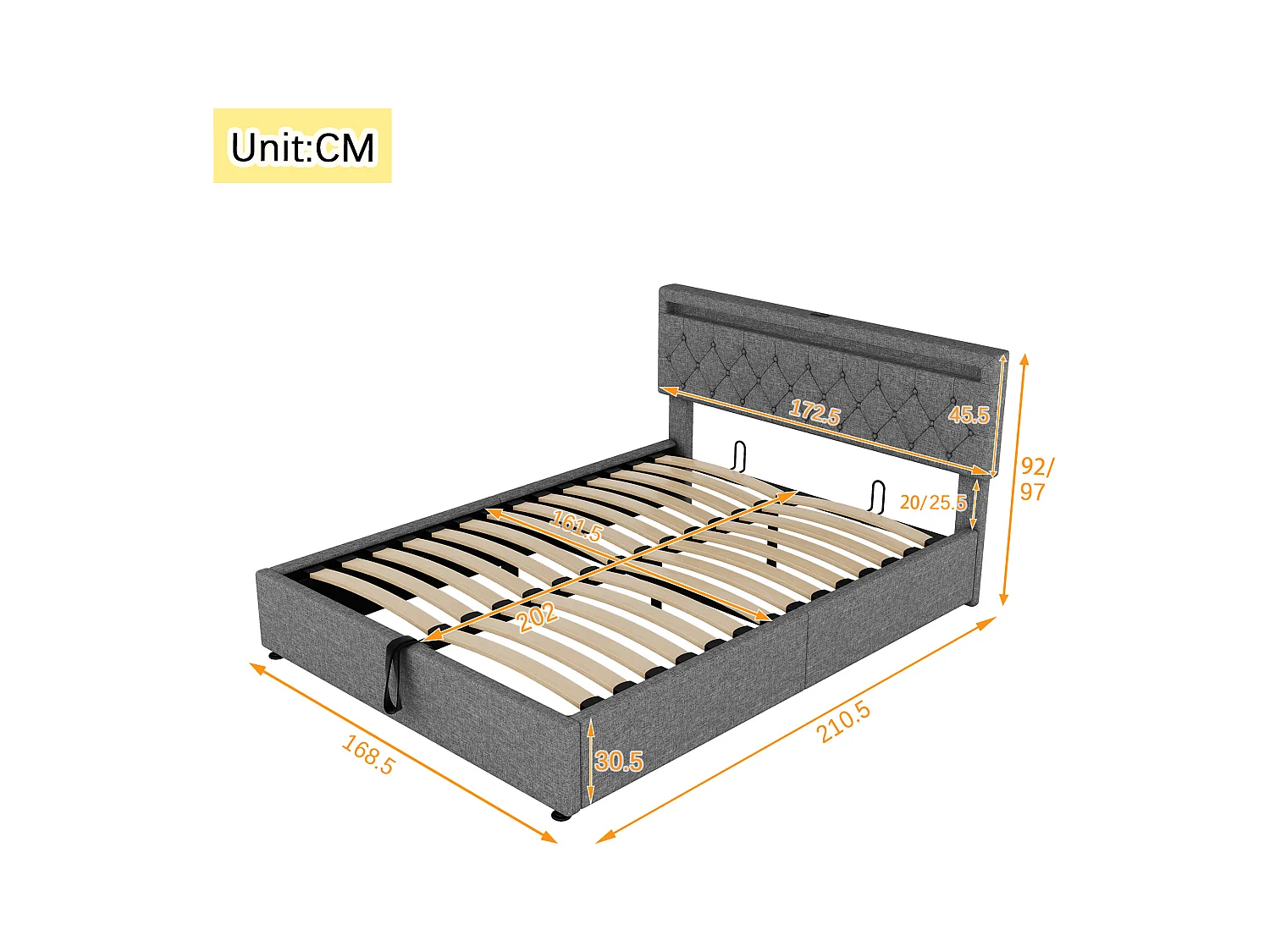 Cama doble con baúl 160x200 cm con luz ambiental y USB - lino gris (sin colchón)