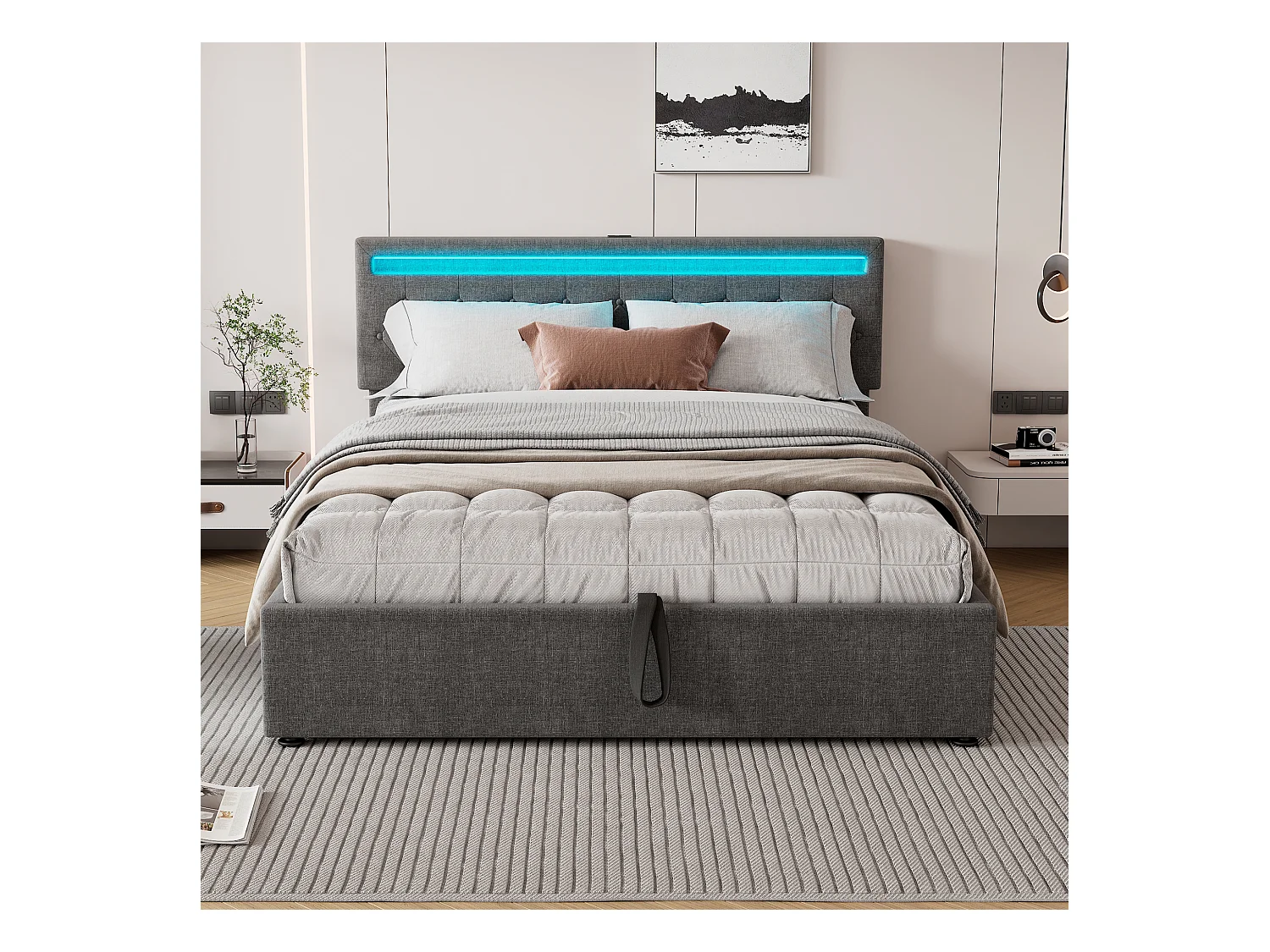 Cama doble con baúl 160x200 cm con luz ambiental y USB - lino gris (sin colchón)