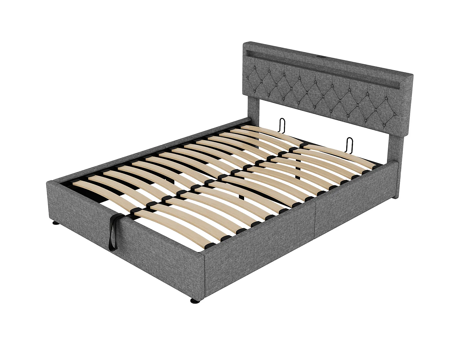 Cama doble con baúl 160x200 cm con luz ambiental y USB - lino gris (sin colchón)