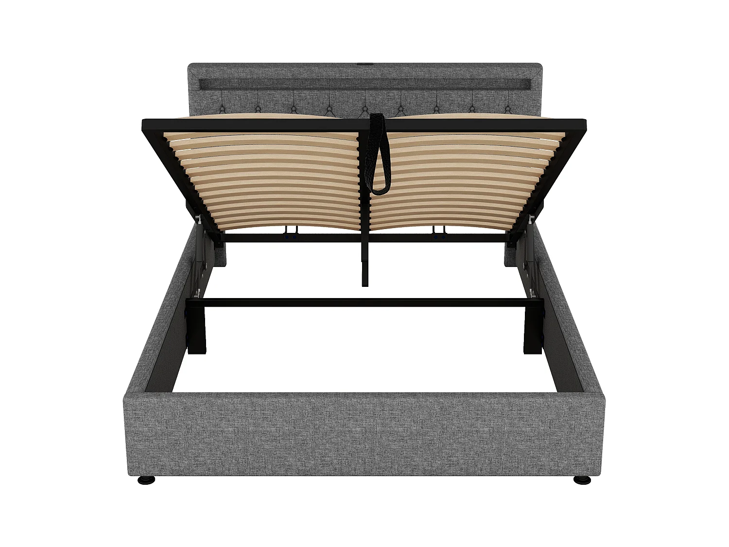 Cama doble con baúl 160x200 cm con luz ambiental y USB - lino gris (sin colchón)