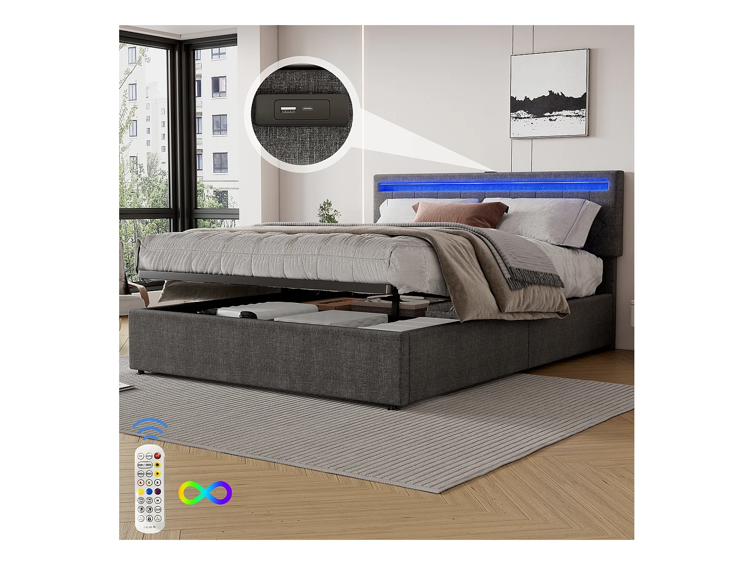 Lit coffre adulte 160x200 cm avec lumière ambiante et USB, en lin Gris, sans matelas