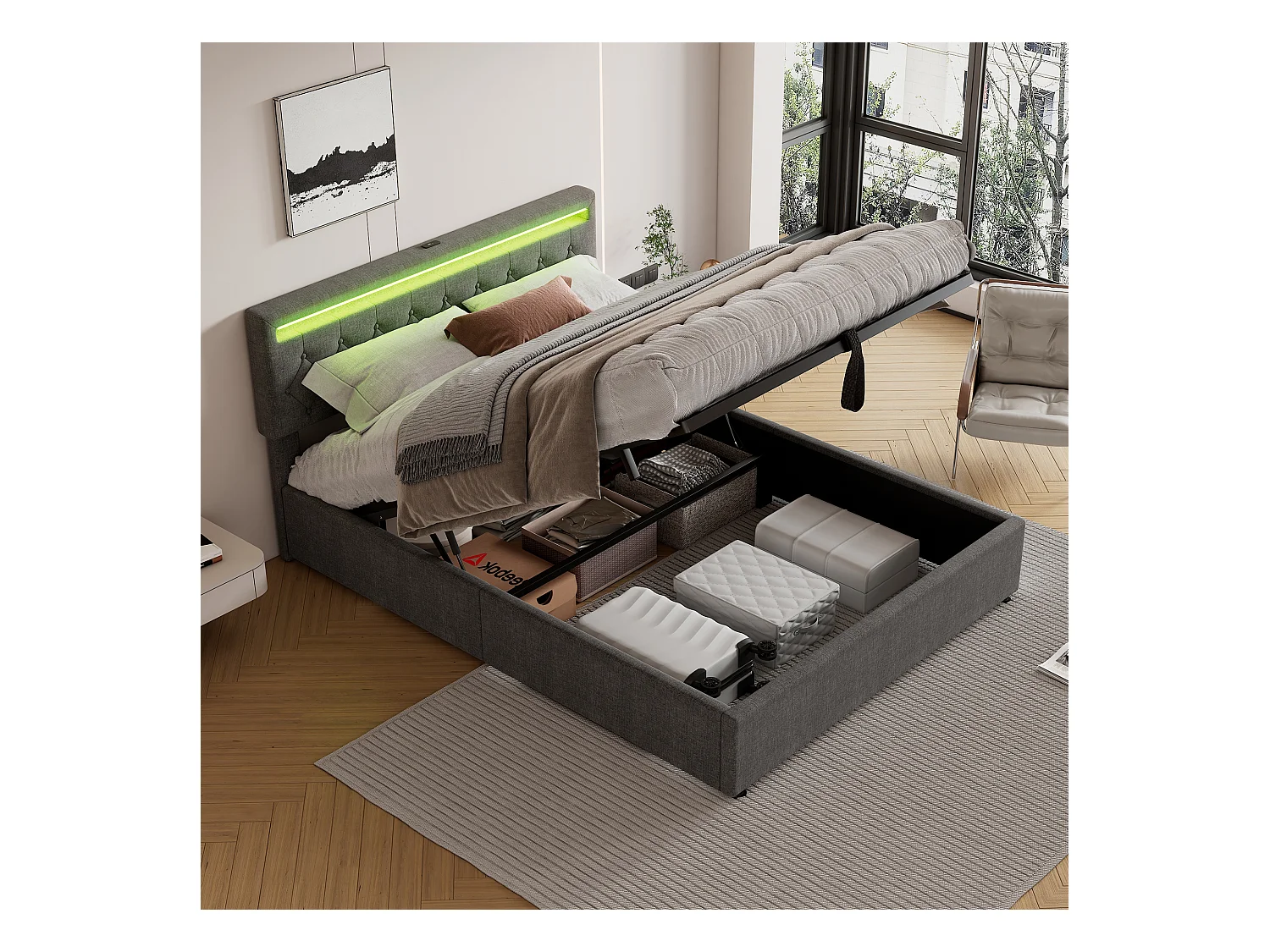 Lit coffre adulte 160x200 cm avec lumière ambiante et USB, en lin Gris, sans matelas