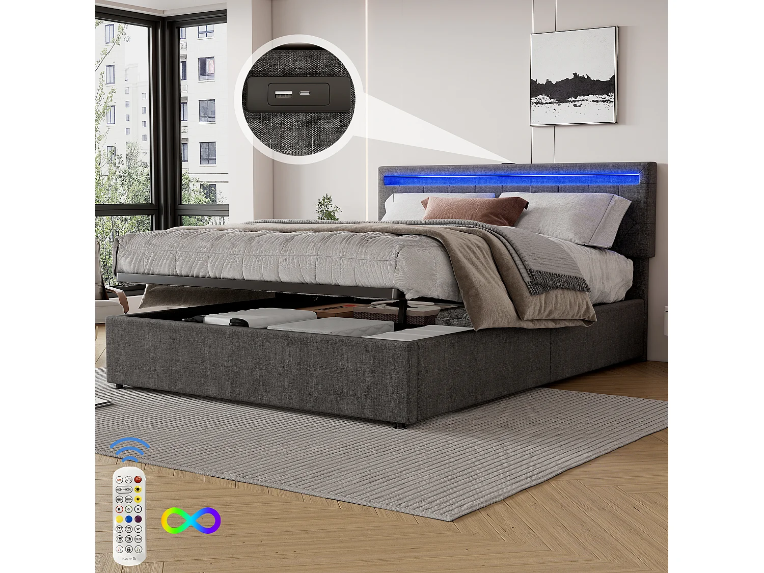 Cama baú dupla 160x200 cm com luz ambiente e USB - linho cinza (sem colchão)
