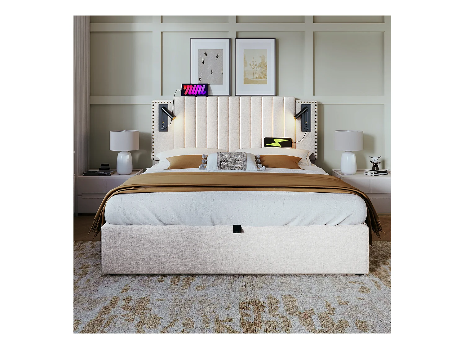 Lit coffre adulte 160x200, Tête de lit cloutée, LED et USB, tissu en Coton beige (matelas non inclus)