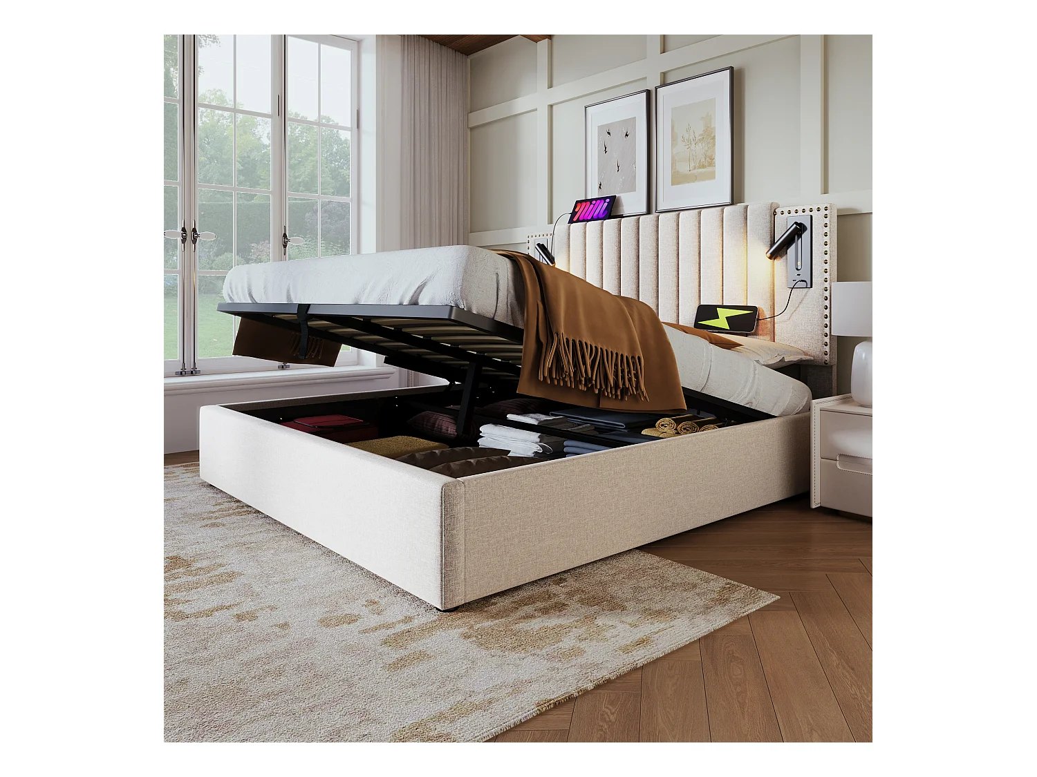 Lit coffre adulte 160x200, Tête de lit cloutée, LED et USB, tissu en Coton beige (matelas non inclus)