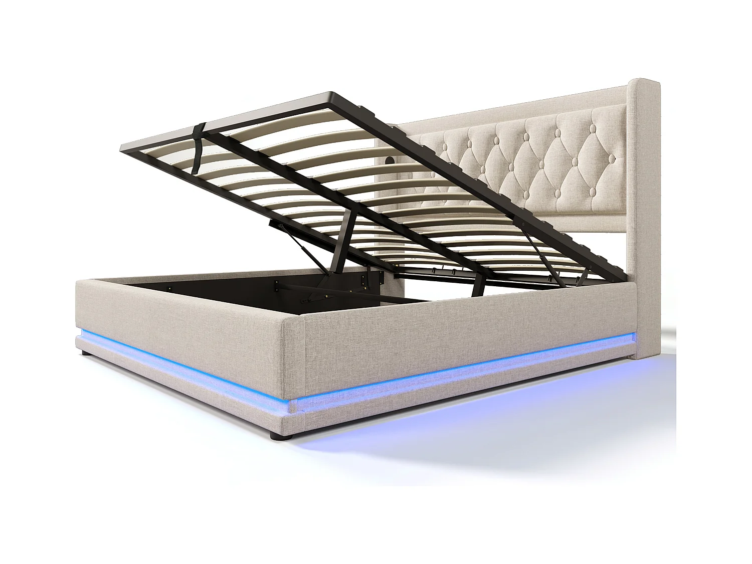Lit coffre adulte 180x200 cm en coton beige  avec tête de lit rembourrée, USB-C et LED 3 côtés, sans matelas