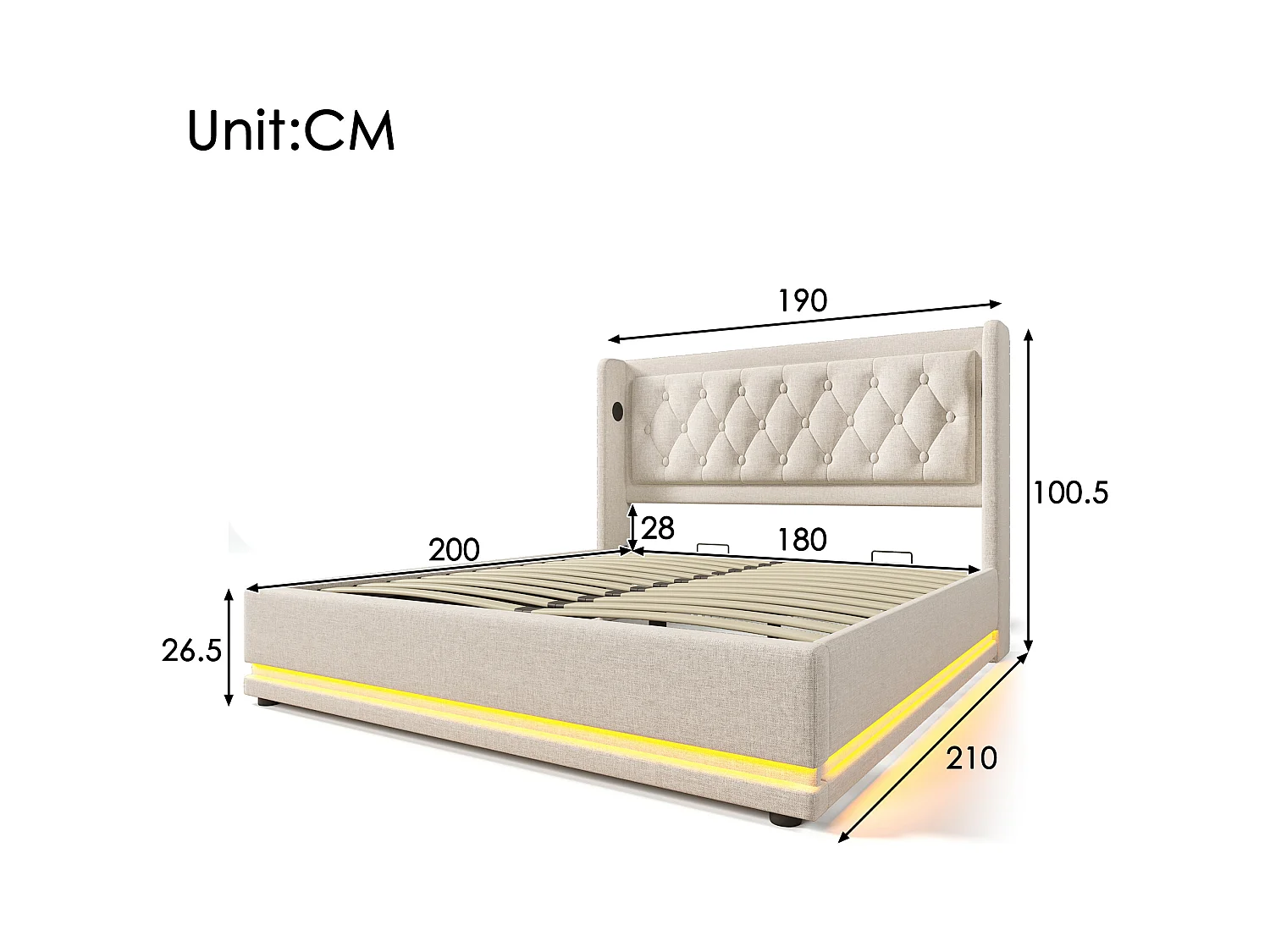 Lit coffre adulte 180x200 cm en coton beige  avec tête de lit rembourrée, USB-C et LED 3 côtés, sans matelas