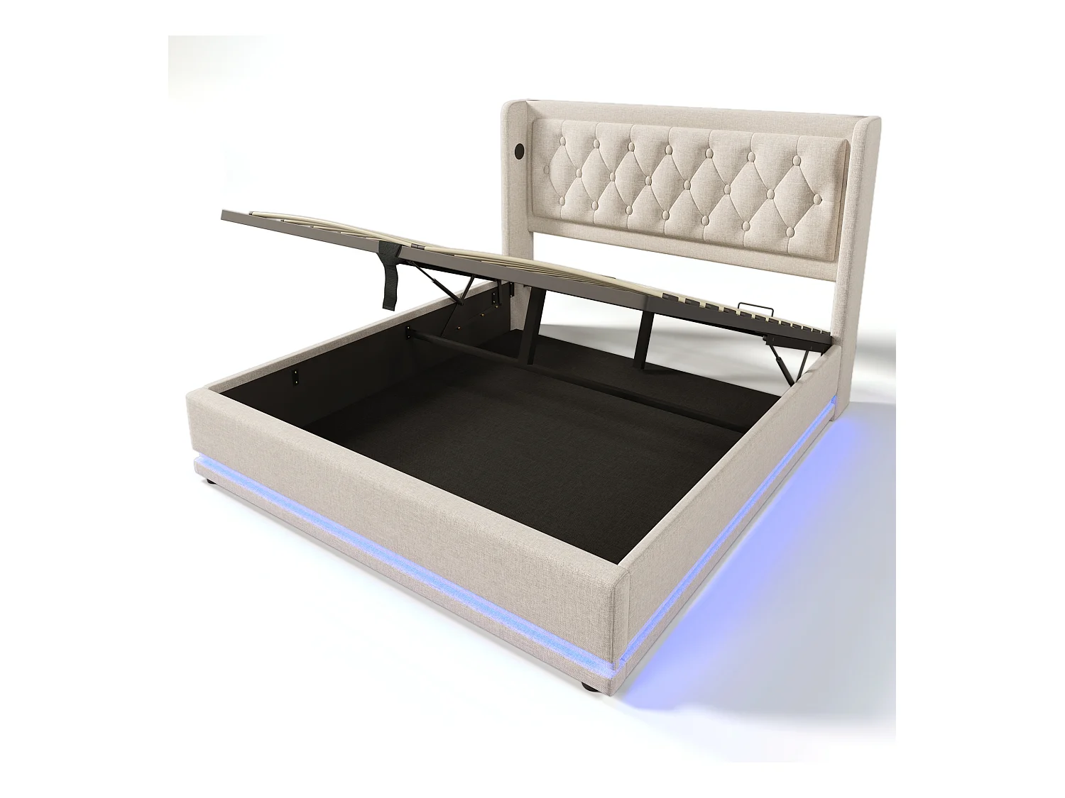 Lit coffre adulte 180x200 cm en coton beige  avec tête de lit rembourrée, USB-C et LED 3 côtés, sans matelas