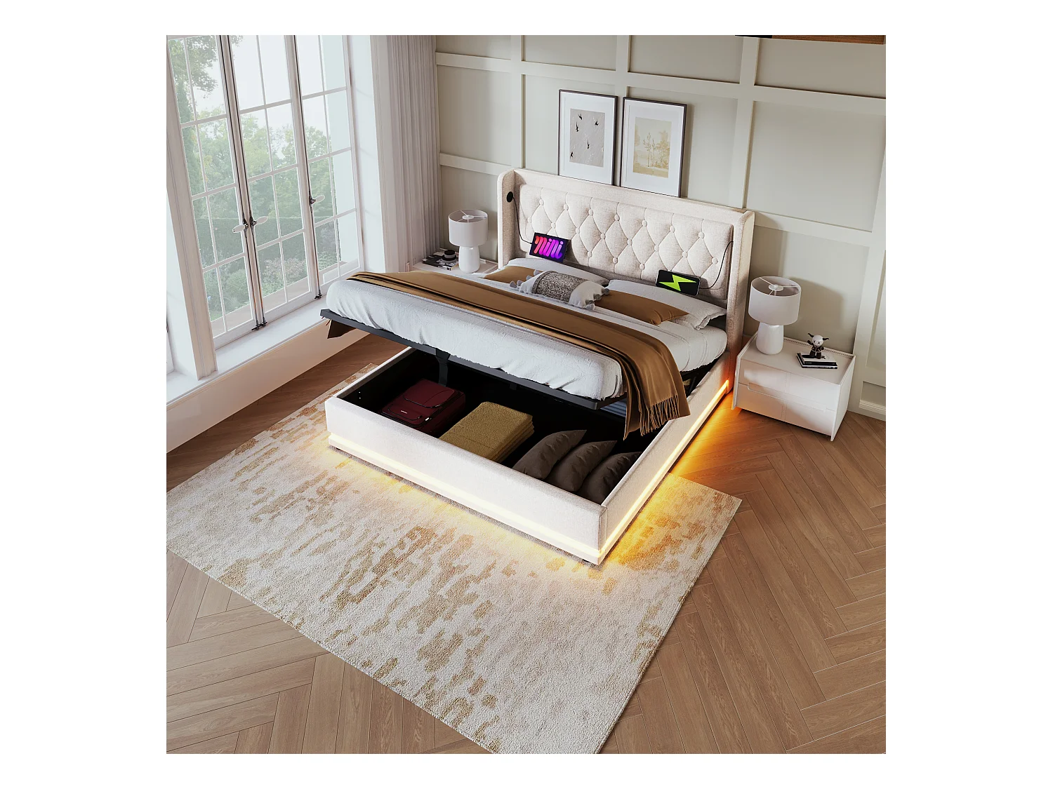 Lit coffre adulte 180x200 cm en coton beige  avec tête de lit rembourrée, USB-C et LED 3 côtés, sans matelas