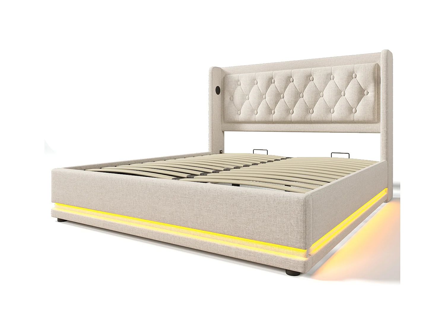Lit coffre adulte 180x200 cm en coton beige  avec tête de lit rembourrée, USB-C et LED 3 côtés, sans matelas