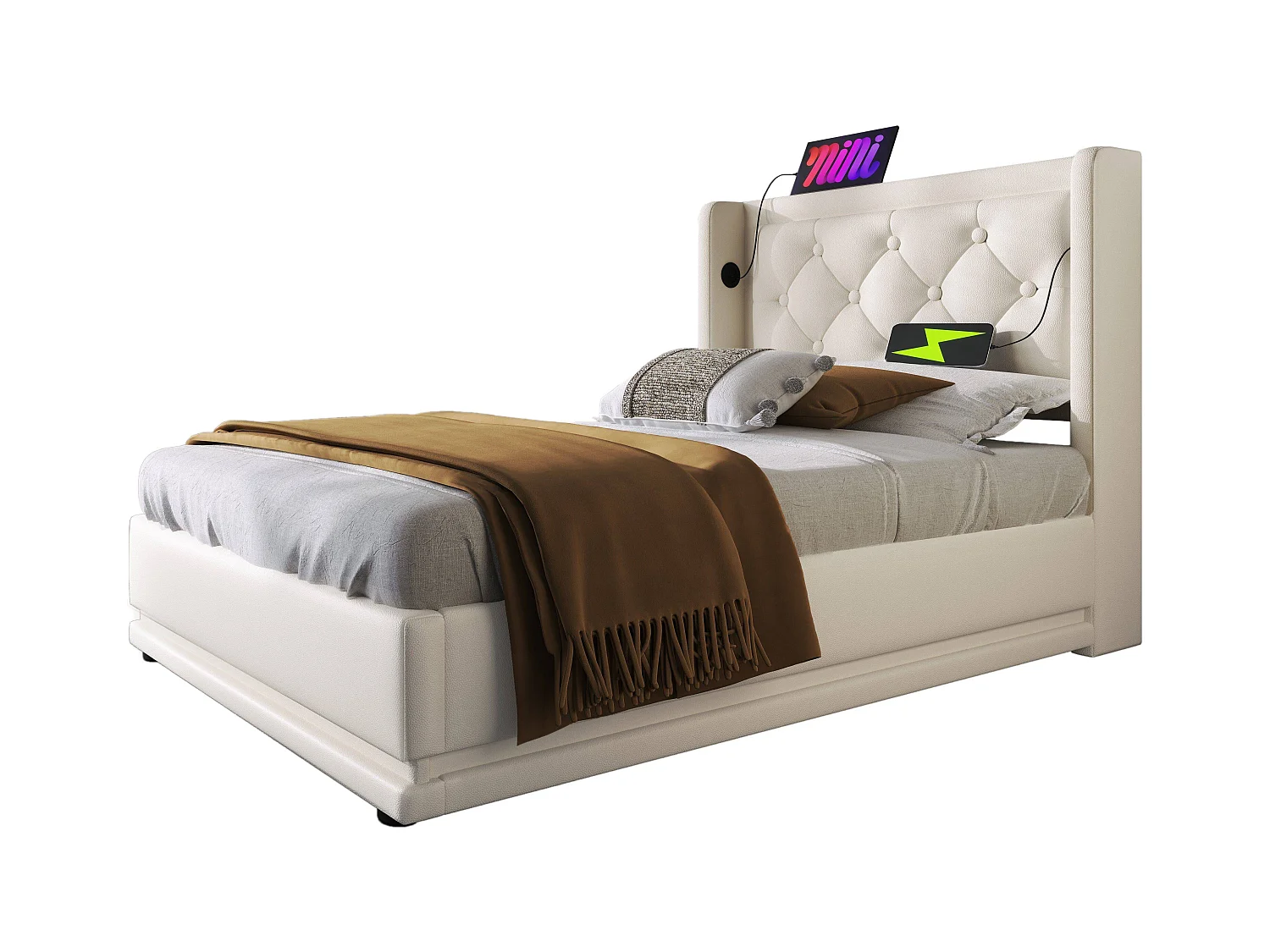 Lit coffre enfant 90x200 cm en PU blanc - Tête de lit rembourrée avec USB Type-C - LED sur 3 côtés (sans matelas)