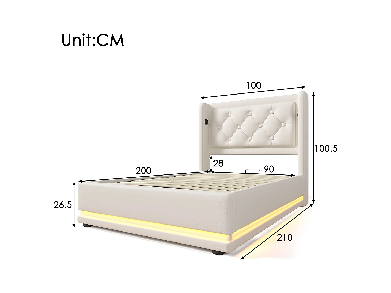 Lit coffre enfant 90x200 cm en PU blanc - Tête de lit rembourrée avec USB Type-C - LED sur 3 côtés (sans matelas)