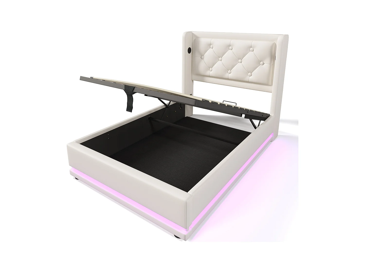 Lit coffre enfant 90x200 cm en PU blanc - Tête de lit rembourrée avec USB Type-C - LED sur 3 côtés (sans matelas)