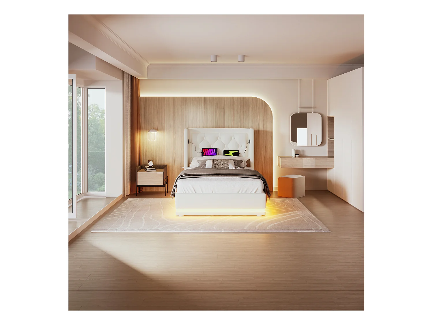 Lit coffre enfant 90x200 cm en PU blanc - Tête de lit rembourrée avec USB Type-C - LED sur 3 côtés (sans matelas)