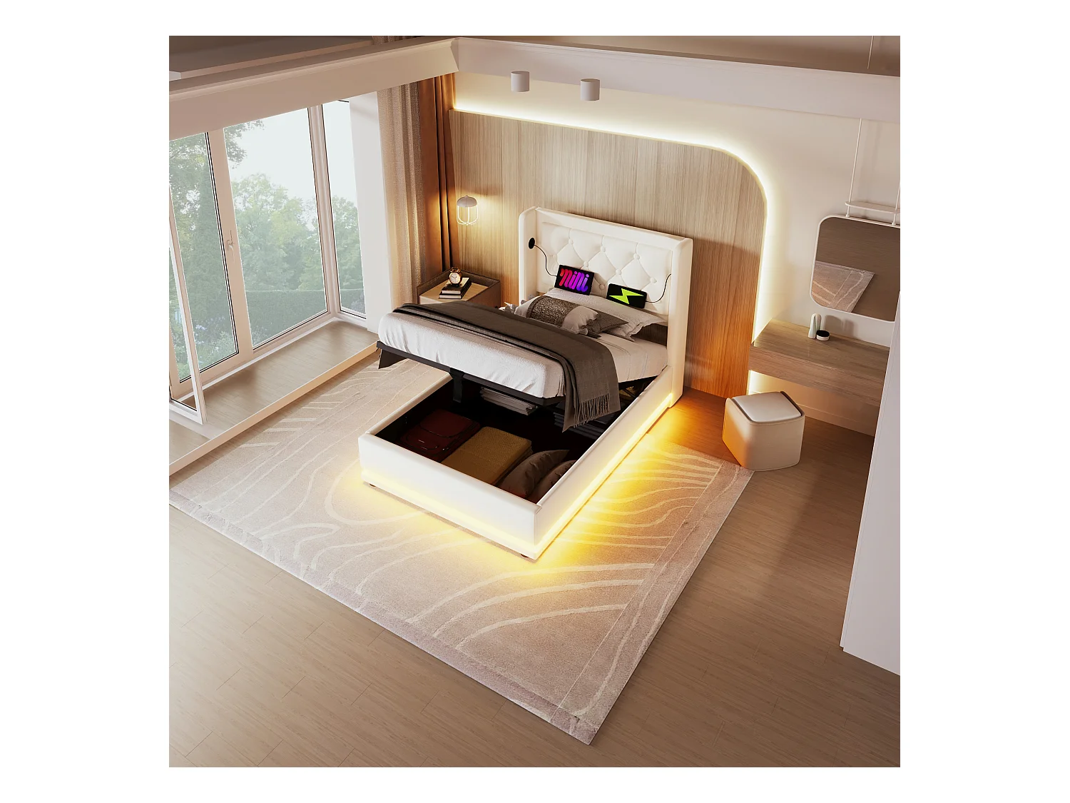 Lit coffre enfant 90x200 cm en PU blanc - Tête de lit rembourrée avec USB Type-C - LED sur 3 côtés (sans matelas)