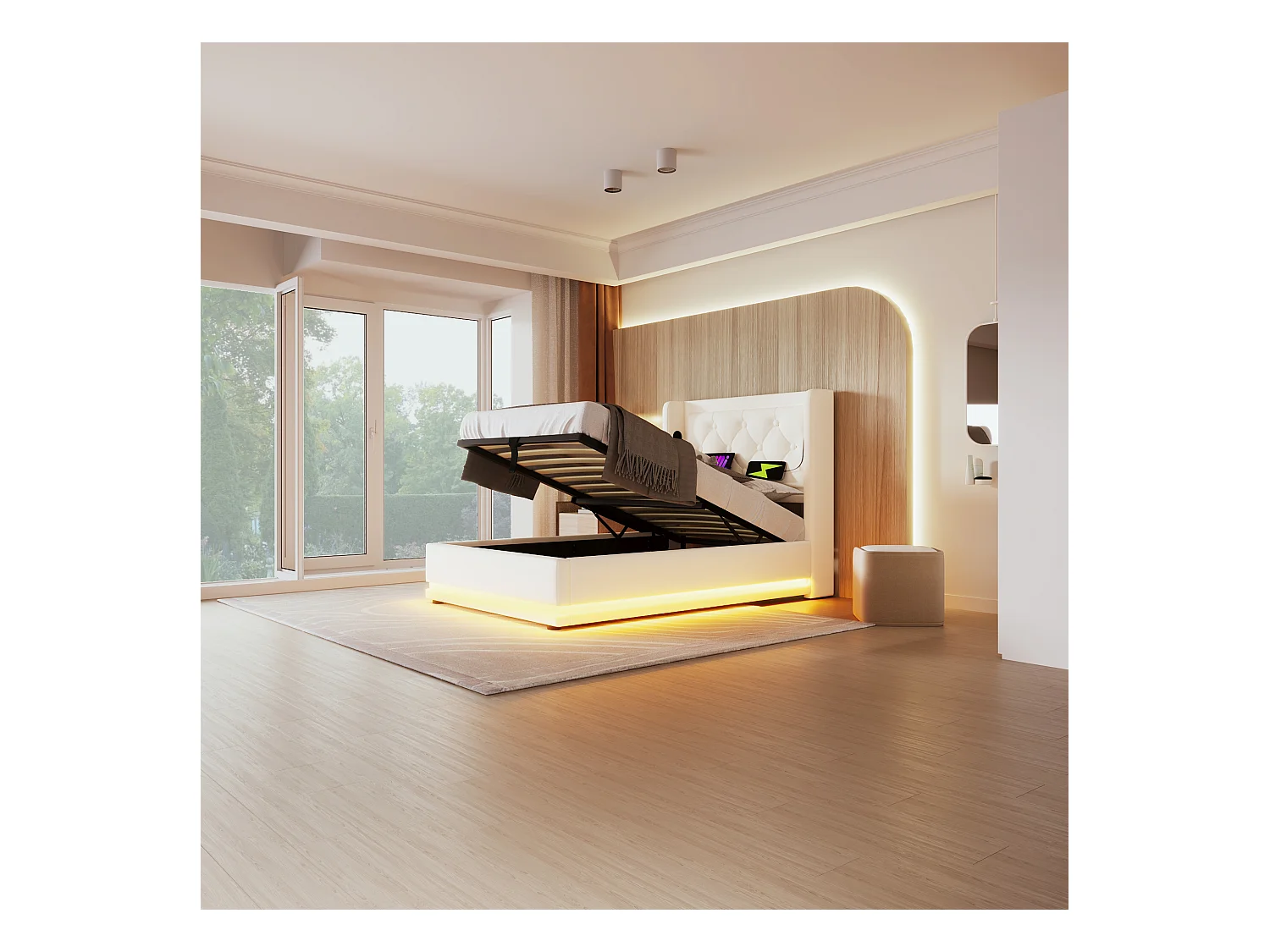 Lit coffre enfant 90x200 cm en PU blanc - Tête de lit rembourrée avec USB Type-C - LED sur 3 côtés (sans matelas)