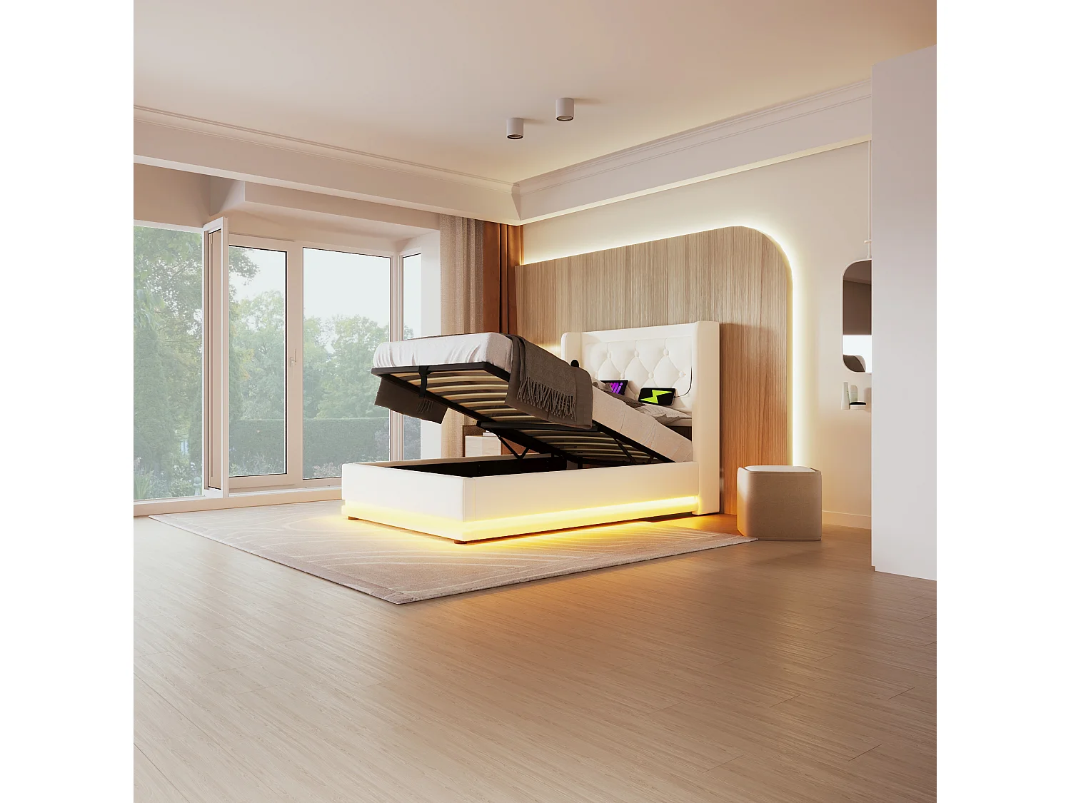 Eenpersoons opbergbed 90x200 cm in wit PU – Gewatteerd hoofdbord met USB Type-C – LED aan 3 zijden (zonder matras)