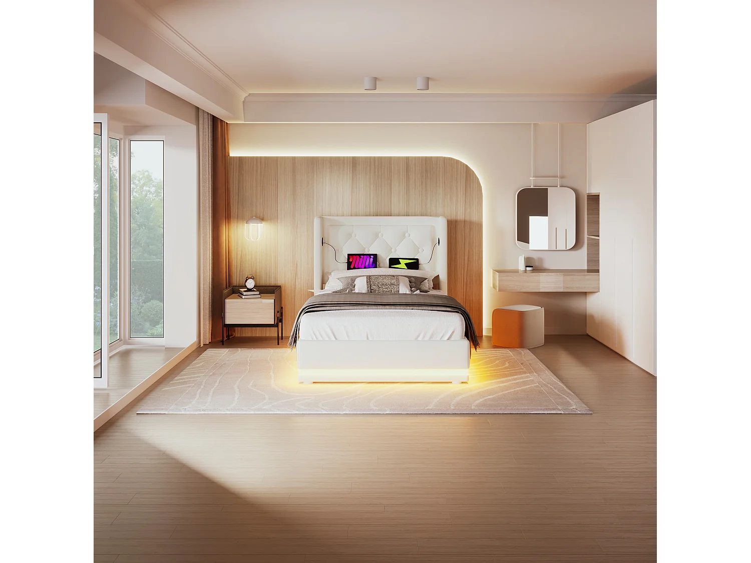 Eenpersoons opbergbed 90x200 cm in wit PU – Gewatteerd hoofdbord met USB Type-C – LED aan 3 zijden (zonder matras)