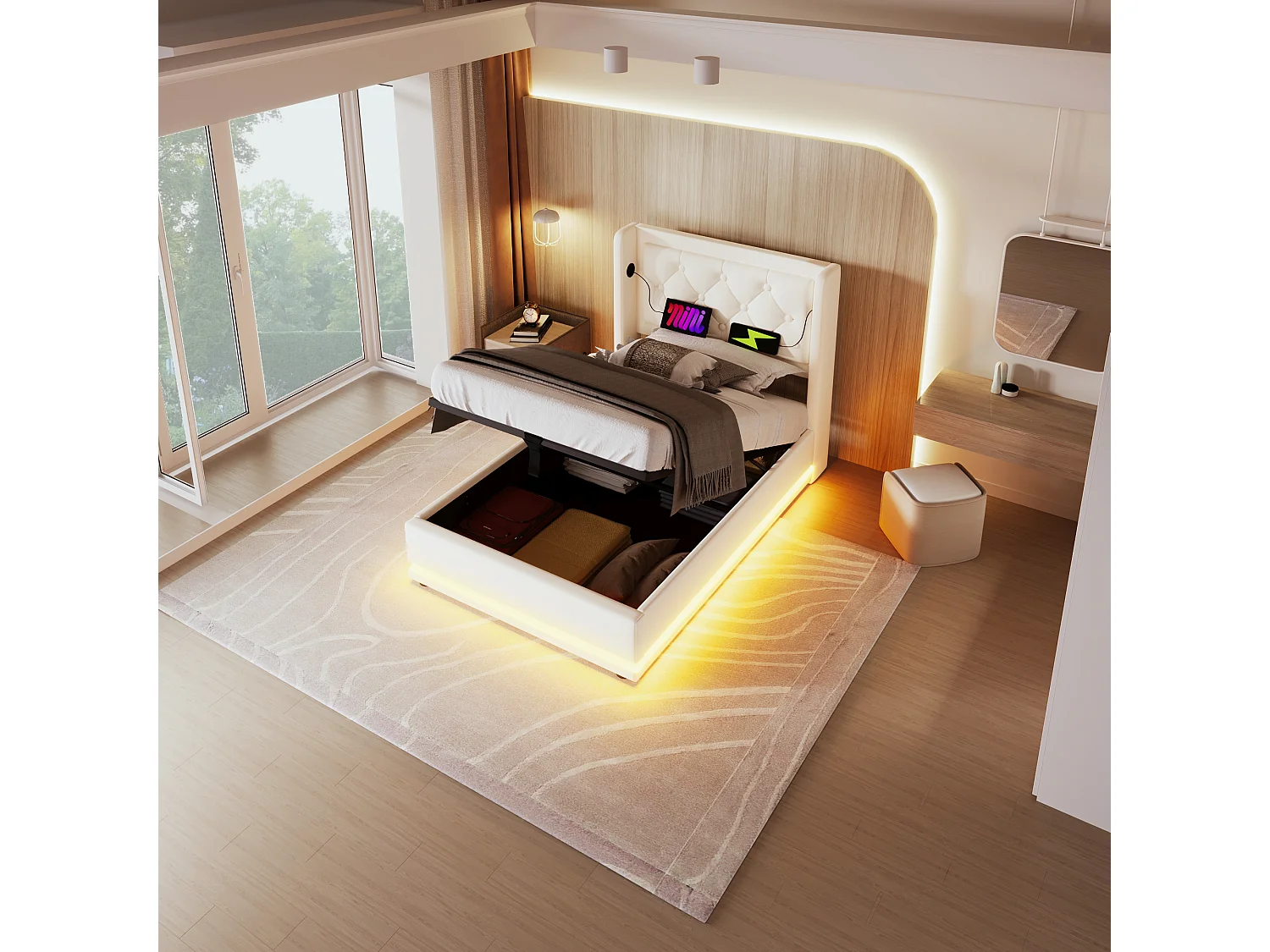 Eenpersoons opbergbed 90x200 cm in wit PU – Gewatteerd hoofdbord met USB Type-C – LED aan 3 zijden (zonder matras)