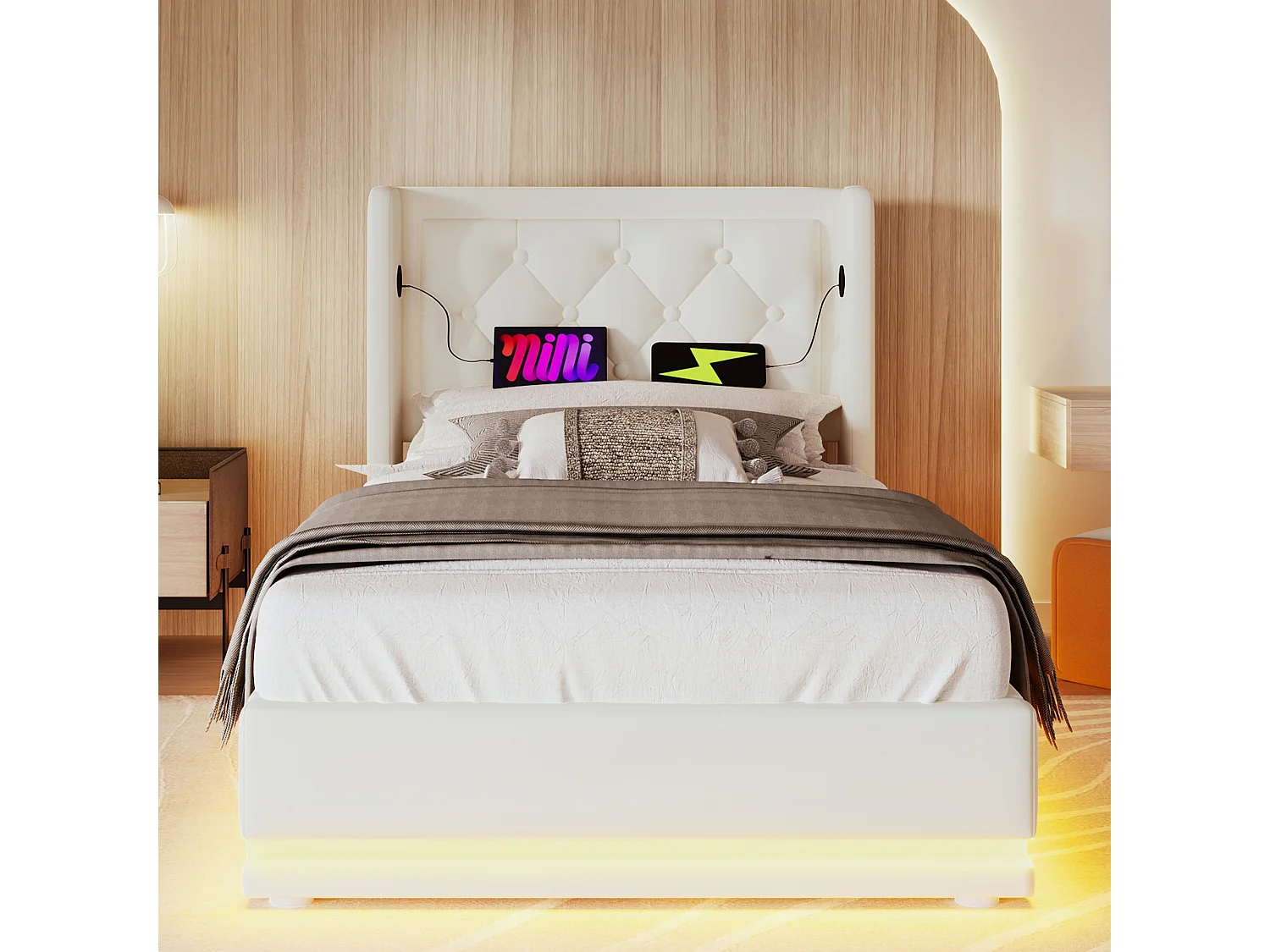 Eenpersoons opbergbed 90x200 cm in wit PU – Gewatteerd hoofdbord met USB Type-C – LED aan 3 zijden (zonder matras)
