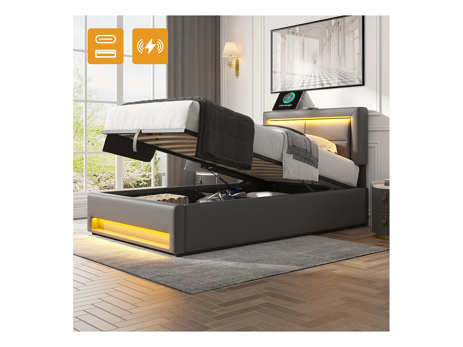 Lit coffre enfant 90x200 cm avec port USB et éclairage LED, PU gris, sans matelas