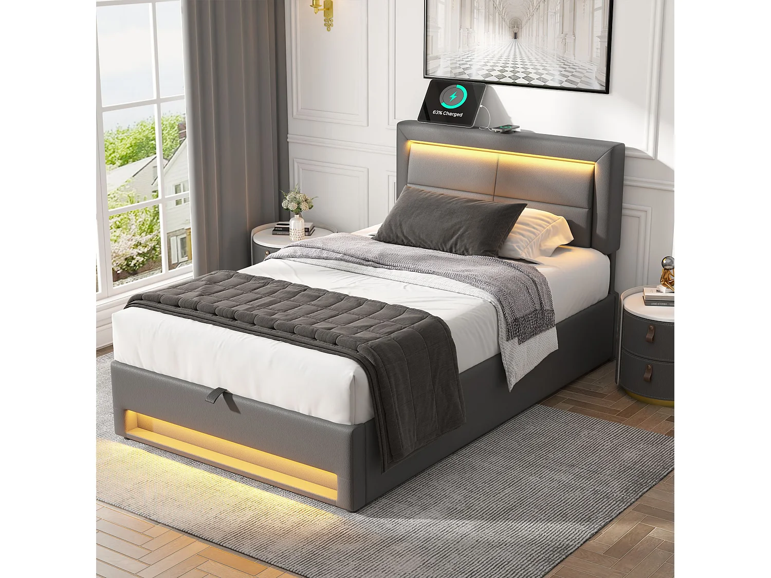 Lit coffre enfant 90x200 cm avec port USB et éclairage LED, PU gris, sans matelas