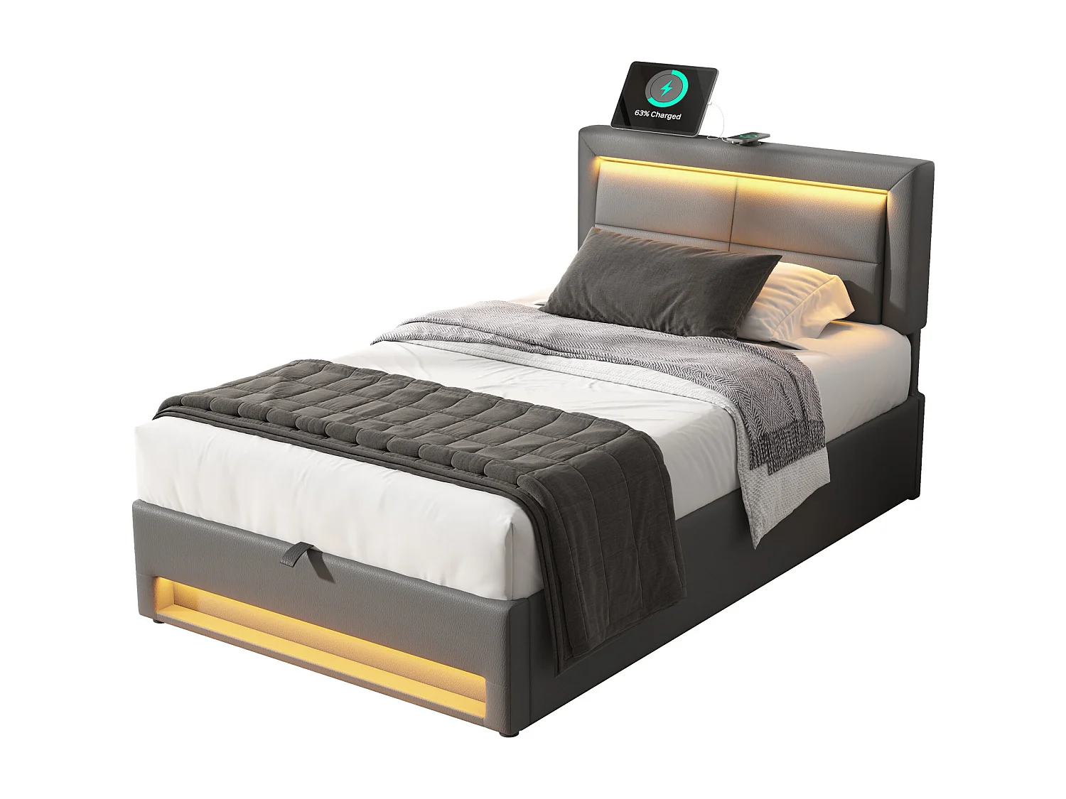 Lit coffre enfant 90x200 cm avec port USB et éclairage LED, PU gris, sans matelas