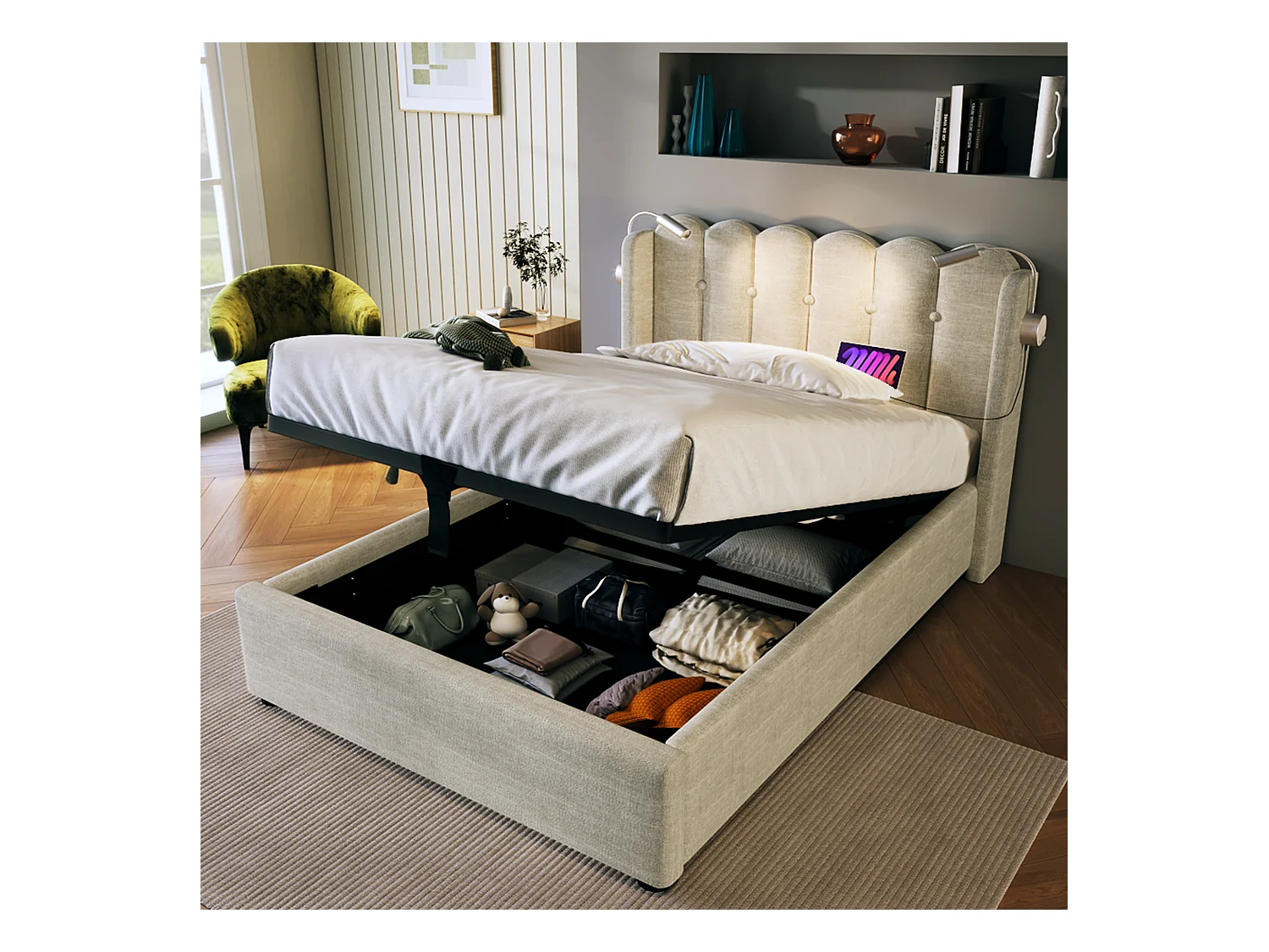 Lit coffre enfant 90x200 cm avec LED et USB, en lin beige naturel (sans matelas)