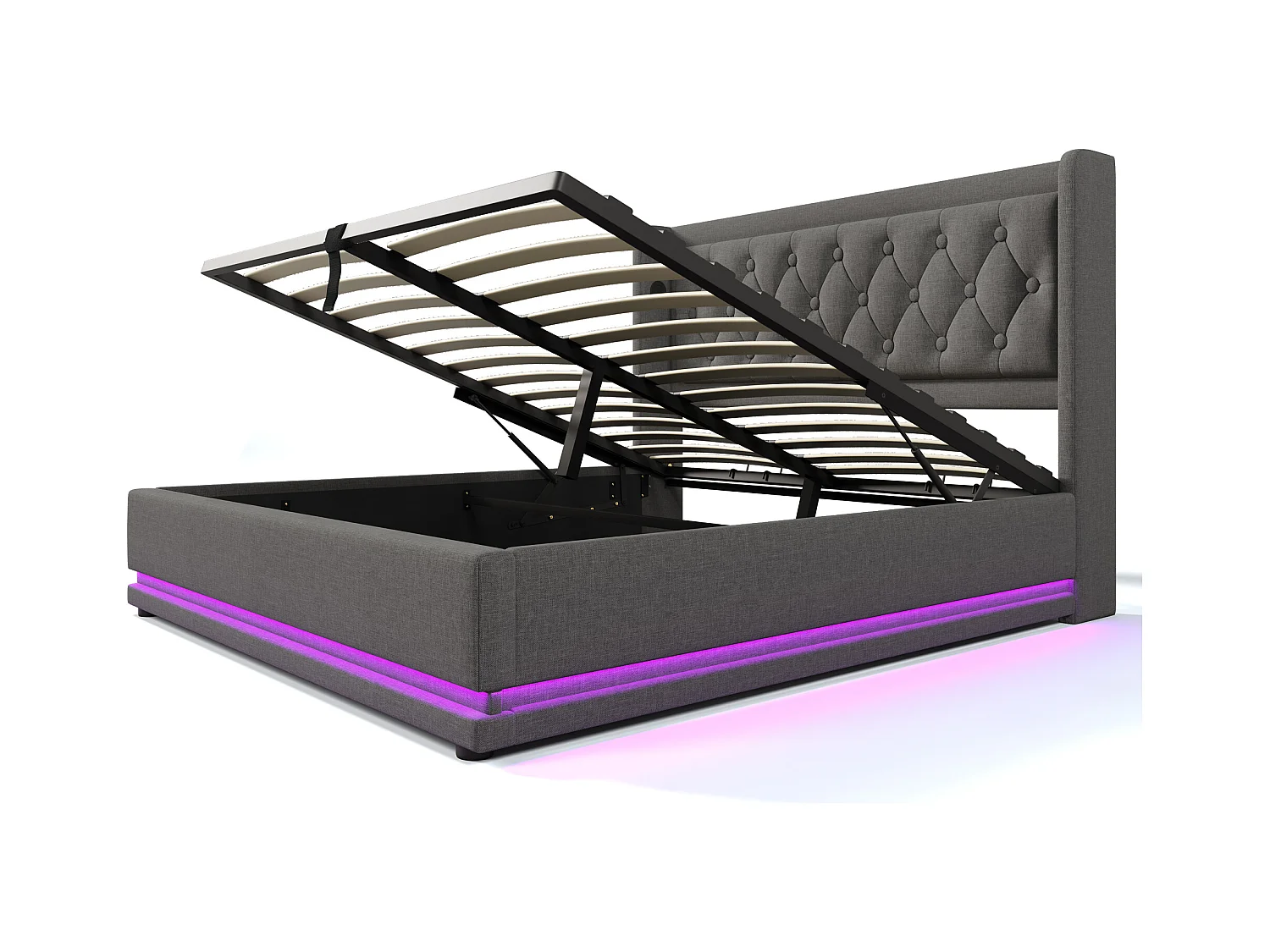 Lit coffre adulte 140x200 cm, Tête de lit avec USB et LED sur 3 côtés, Gris en coton, sans matelas