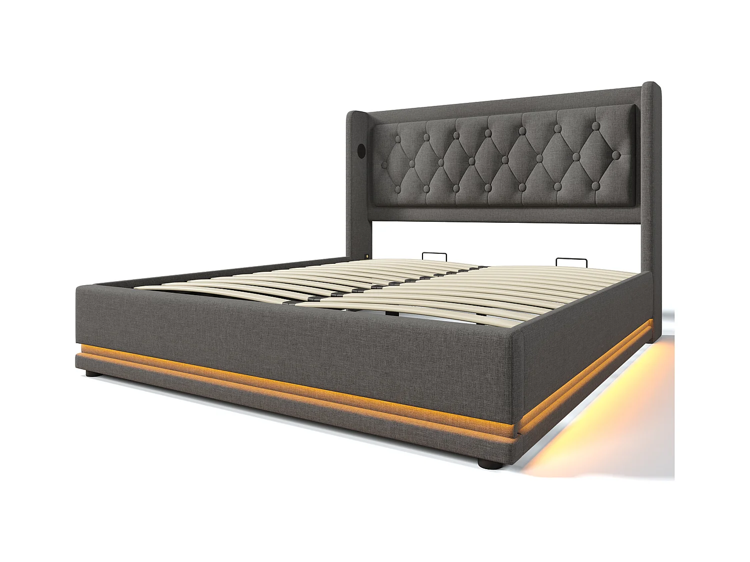 Lit coffre adulte 140x200 cm, Tête de lit avec USB et LED sur 3 côtés, Gris en coton, sans matelas