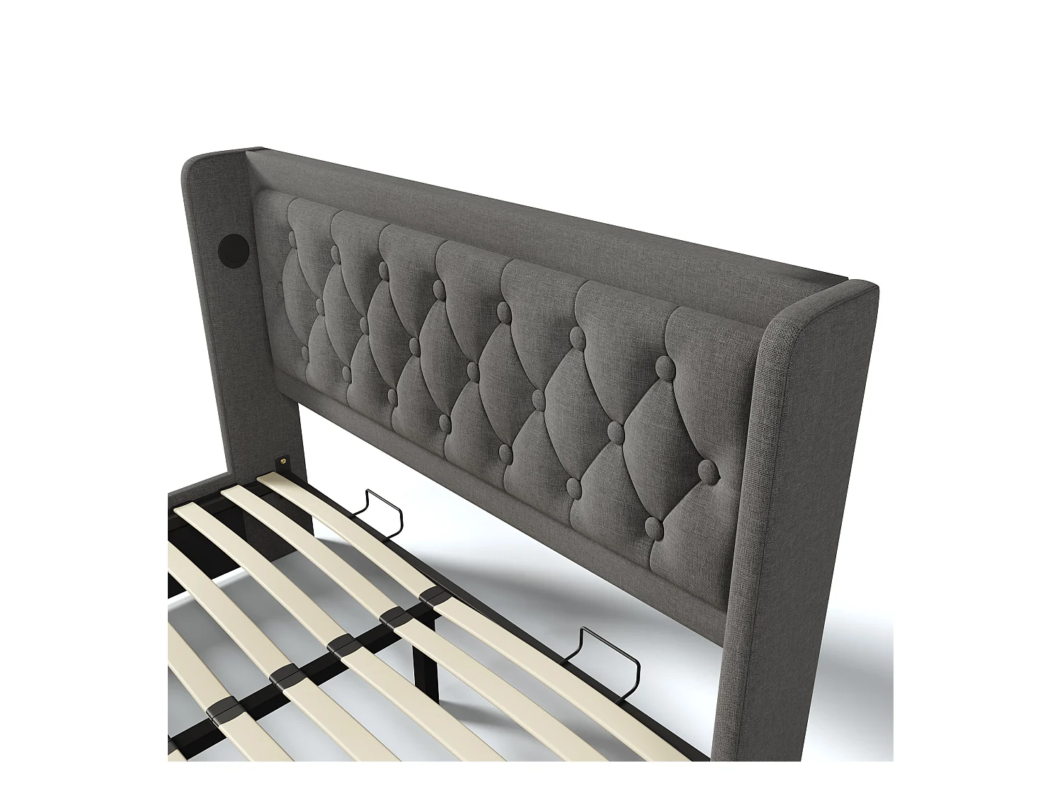 Lit coffre adulte 140x200 cm, Tête de lit avec USB et LED sur 3 côtés, Gris en coton, sans matelas